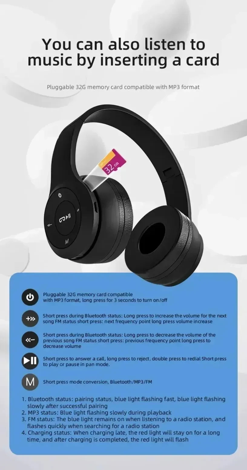 P47 Wireless Bluetooth 5.0 Headphones Over Ear Foldable FM Radio TF Card Mic