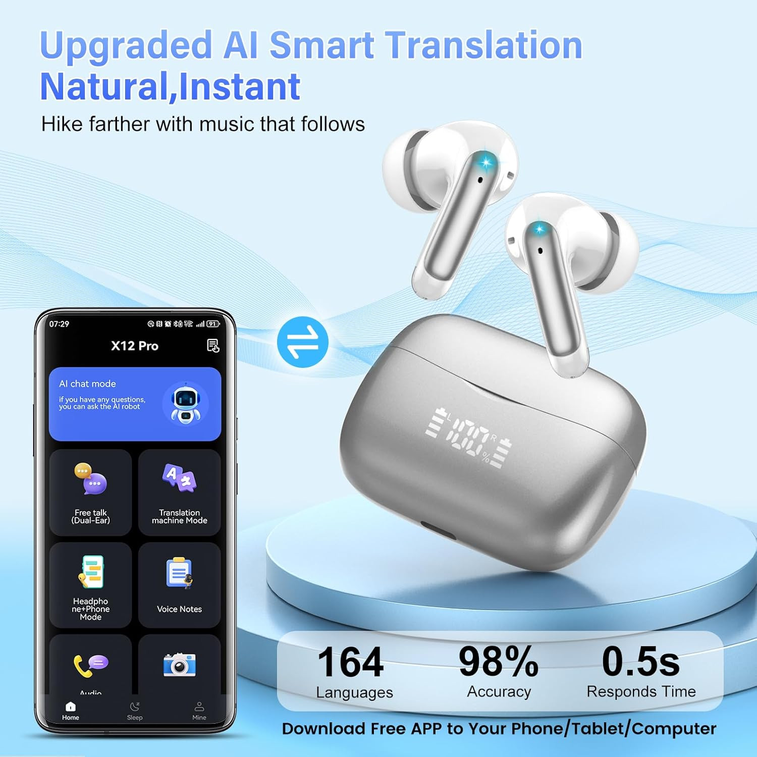 AI Translation Earbuds Real Time Voice Translator Device with Audio & Video Call