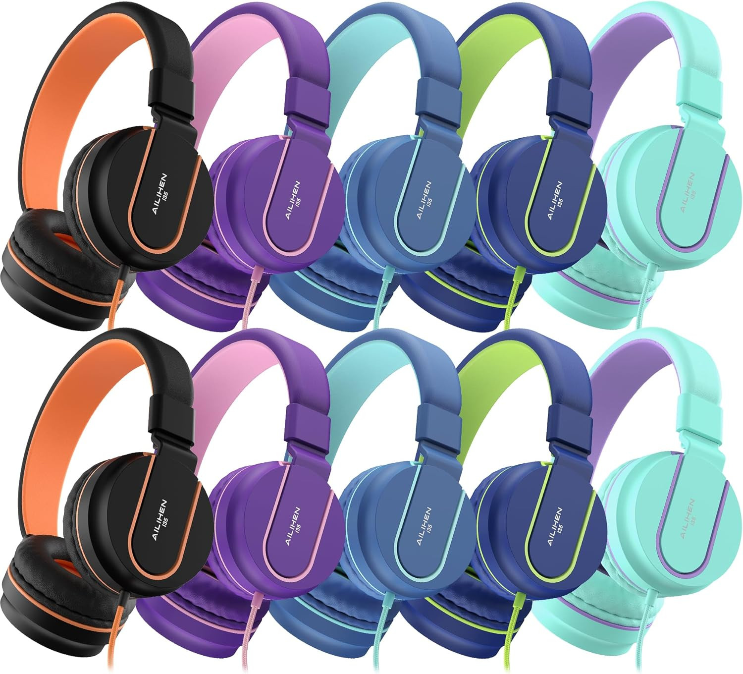 Kids Headphones Bulk 10-Pack for K-12 School Classroom, On-Ear Wired Headset wit