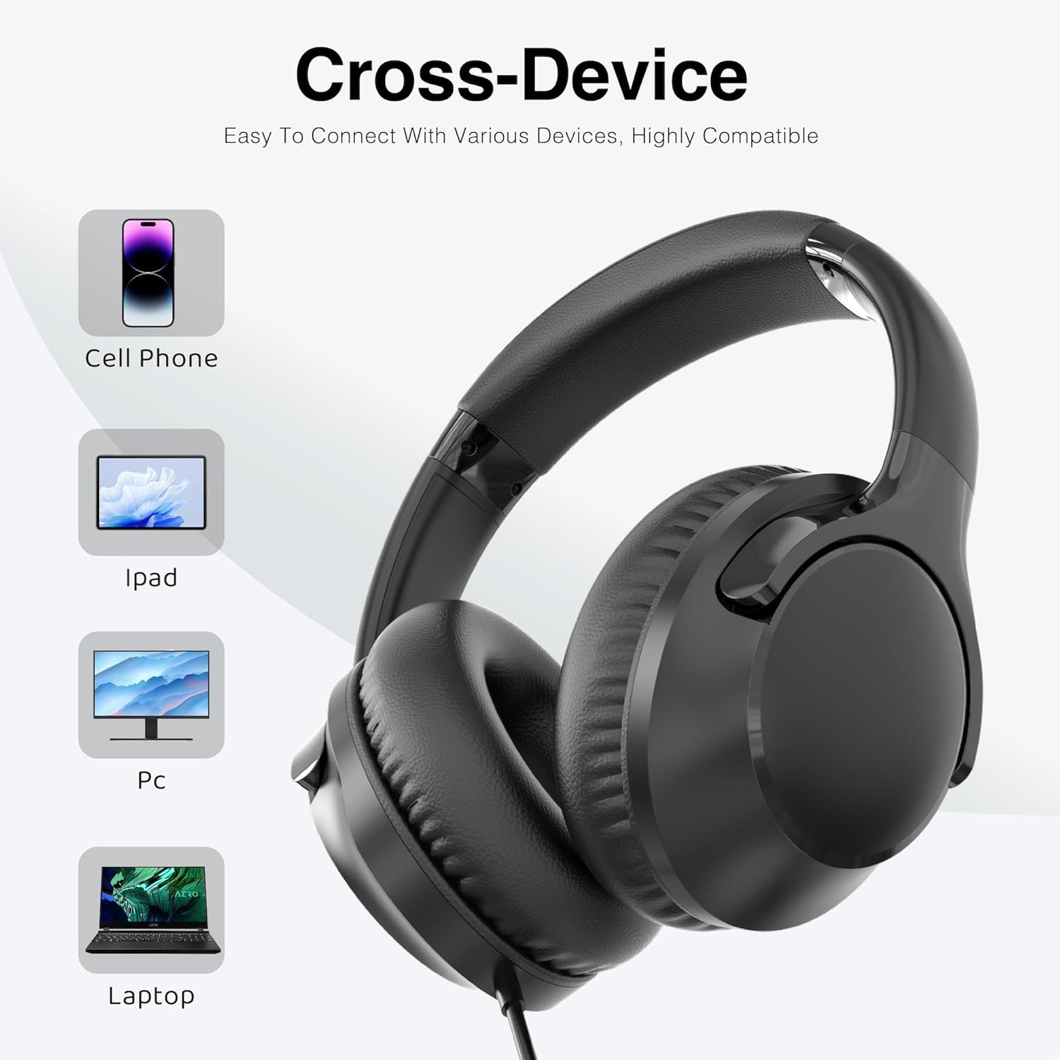Wired Headphones Over-Ear Hi-Fi Sound with Microphone Adjustable Foldable, 1.5M