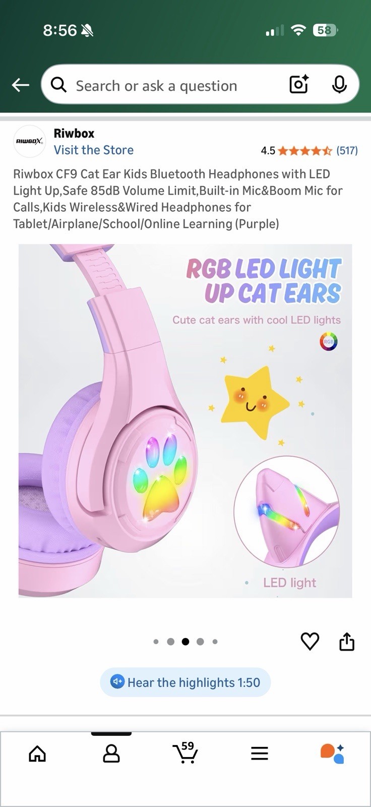 Riwbox CF9 Cat Ear Kids Wireless&Wired Headphones for Tablet/Airplane/school