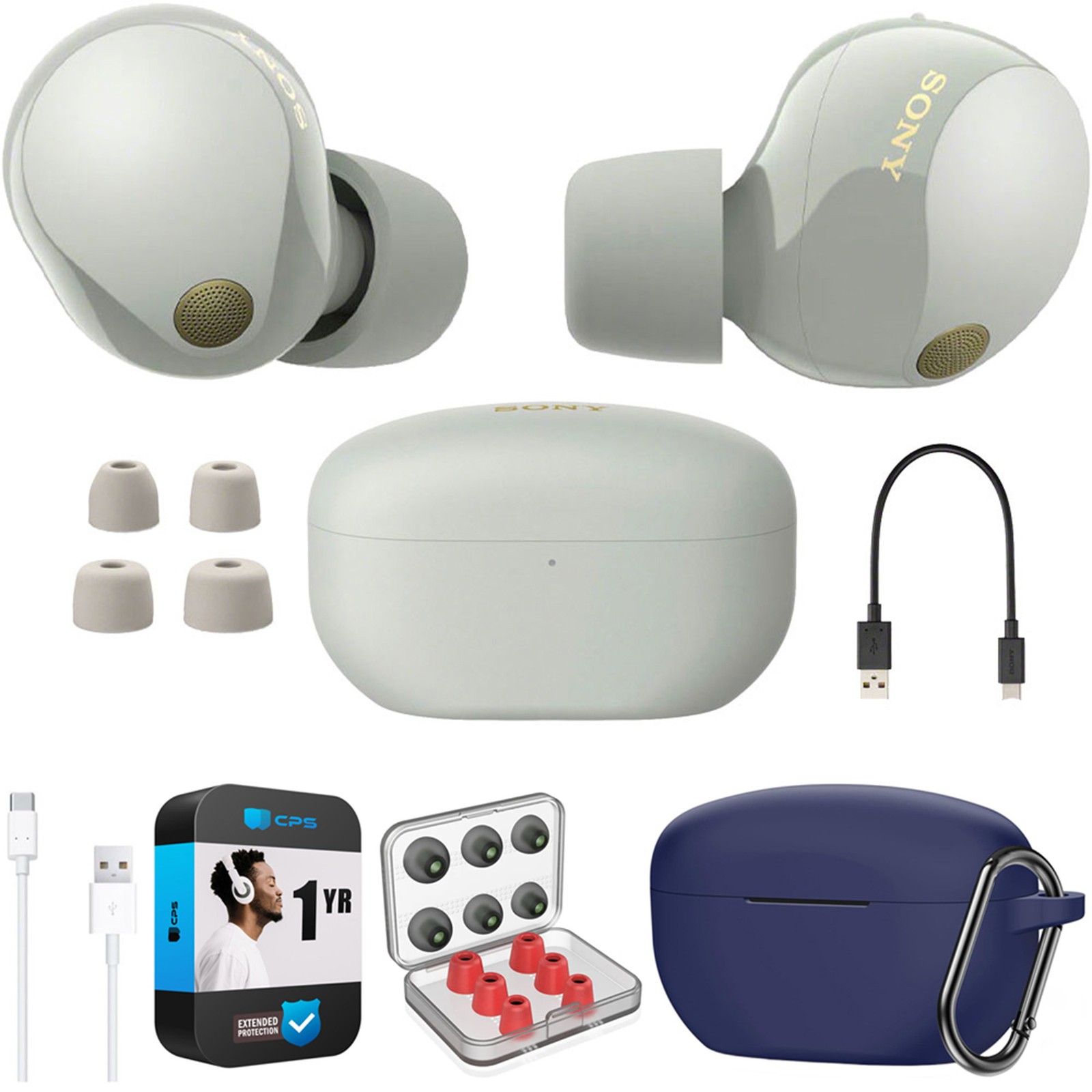 Sony Noise Canceling Truly Wireless Earbuds, Silver + Accessories + Warranty Kit