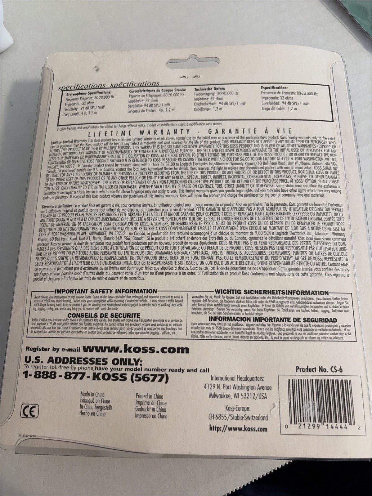 KOSS Computer Stereophones Headphones Model CS-6