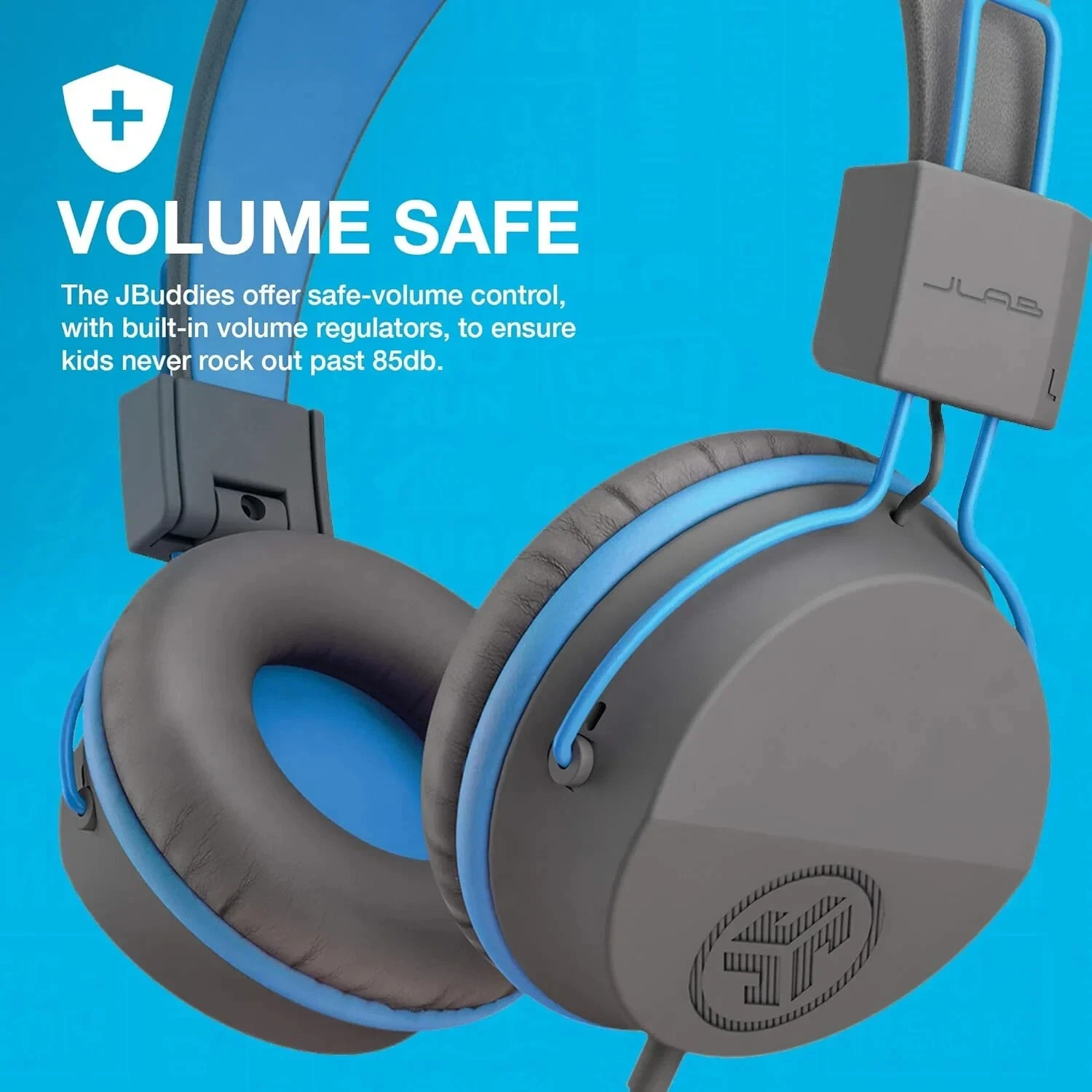 JLab JBuddies Studio Kids Headphones Wired On-Ear Volume Safe 85dB Gray Blue New