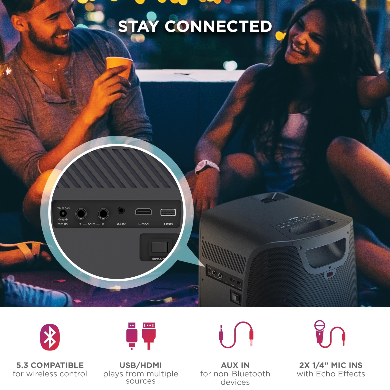 ION Portable Outdoor LED Projector with 70W Speakers, Bluetooth, Rechargeable