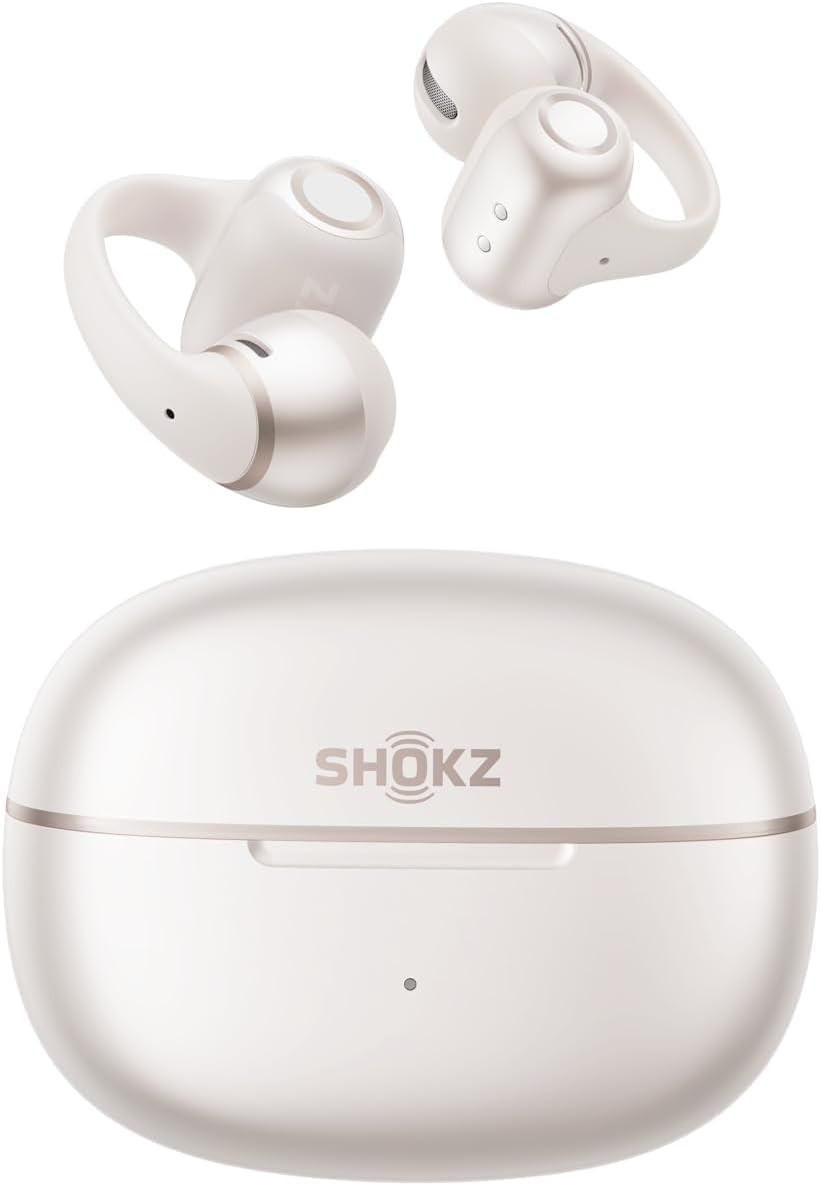 SHOKZ Opendots 2 Open-Ear Clip-On Earbuds, White, Dolby Audio, 3 Mics | IP57; Bl