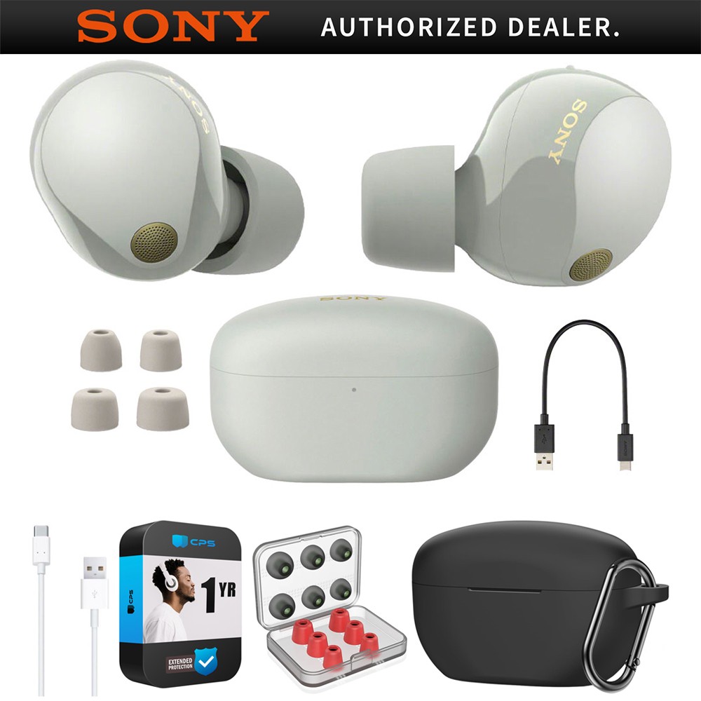 Sony Noise Canceling Truly Wireless Earbuds, Silver + Accessories + Warranty Kit