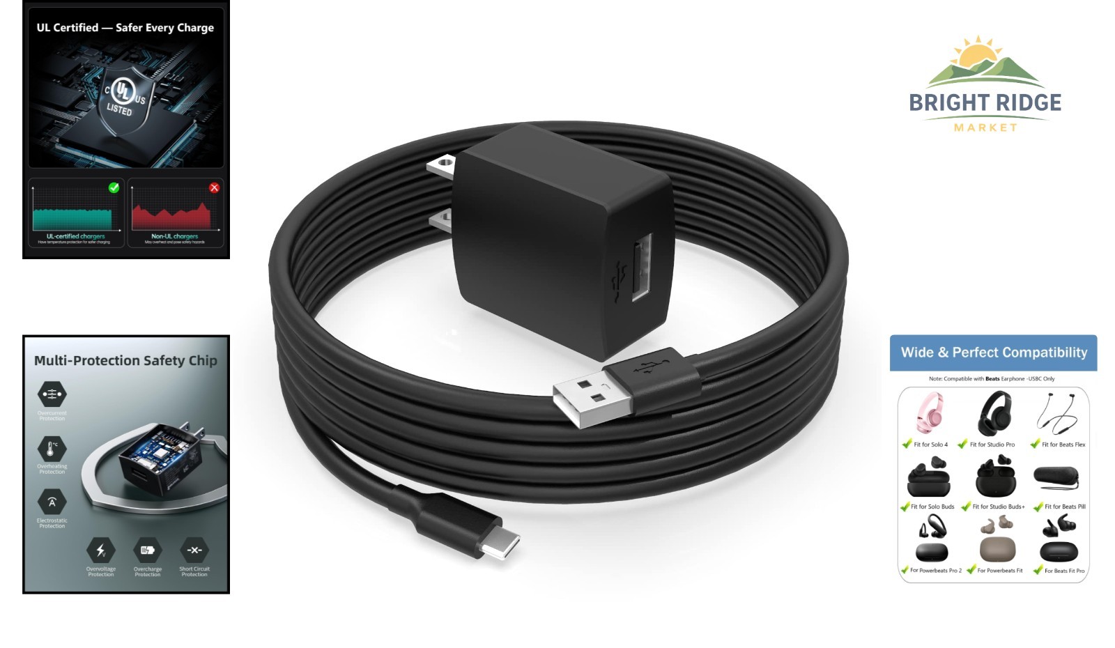 Portable USB C Charger Cable for Bluetooth Headphones and Speakers, 2A Current