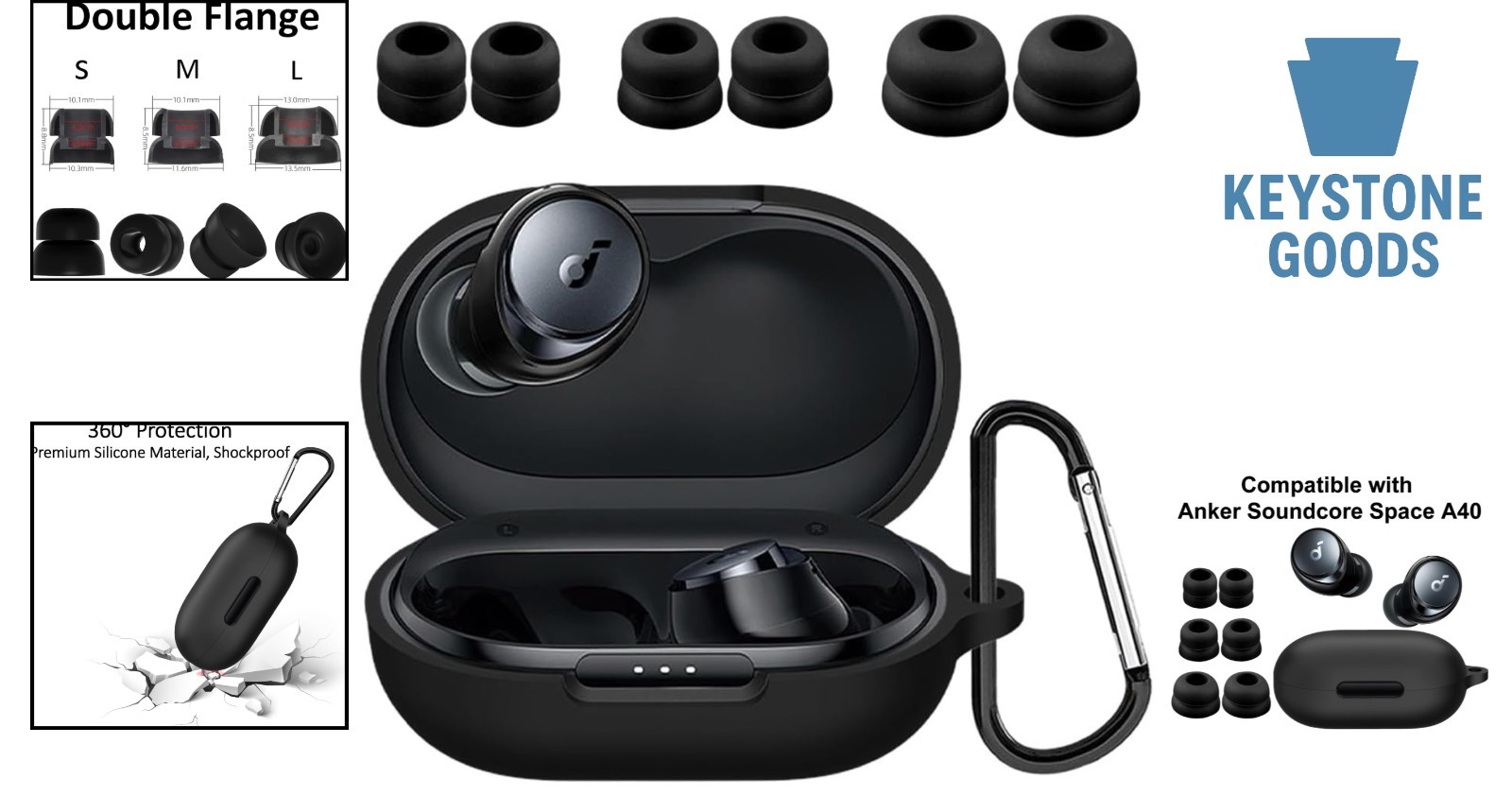 Soundcore Space A40 Silicone Ear Tips Kit with Carabiner & Protective Case