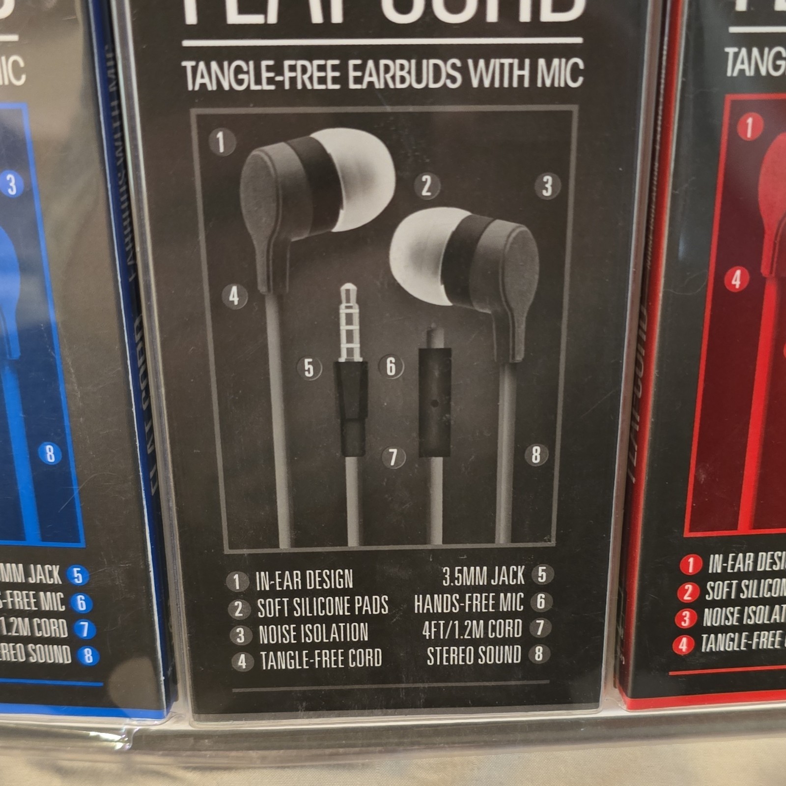 Sentry Flat-Cord Tangle-Free Earbuds w/ Mic 3.5mm 3-Pack Black/Blue/Red