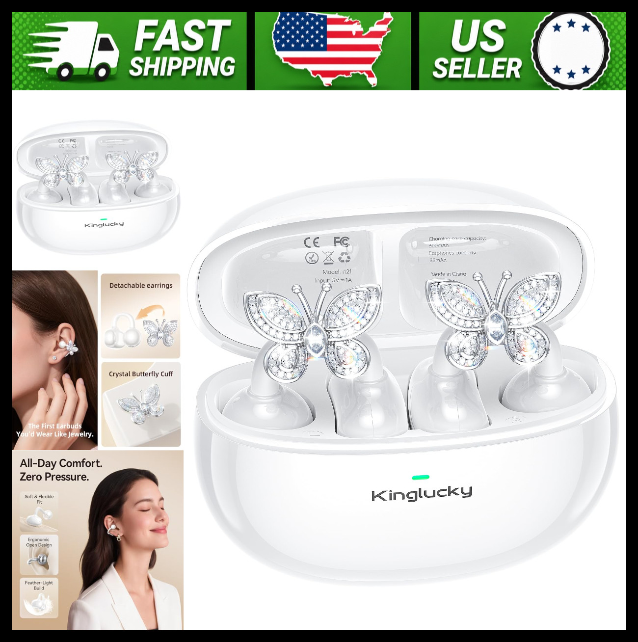 Kinglucky Clip-On Open Ear Bluetooth Earbuds with Butterfly Earrings White
