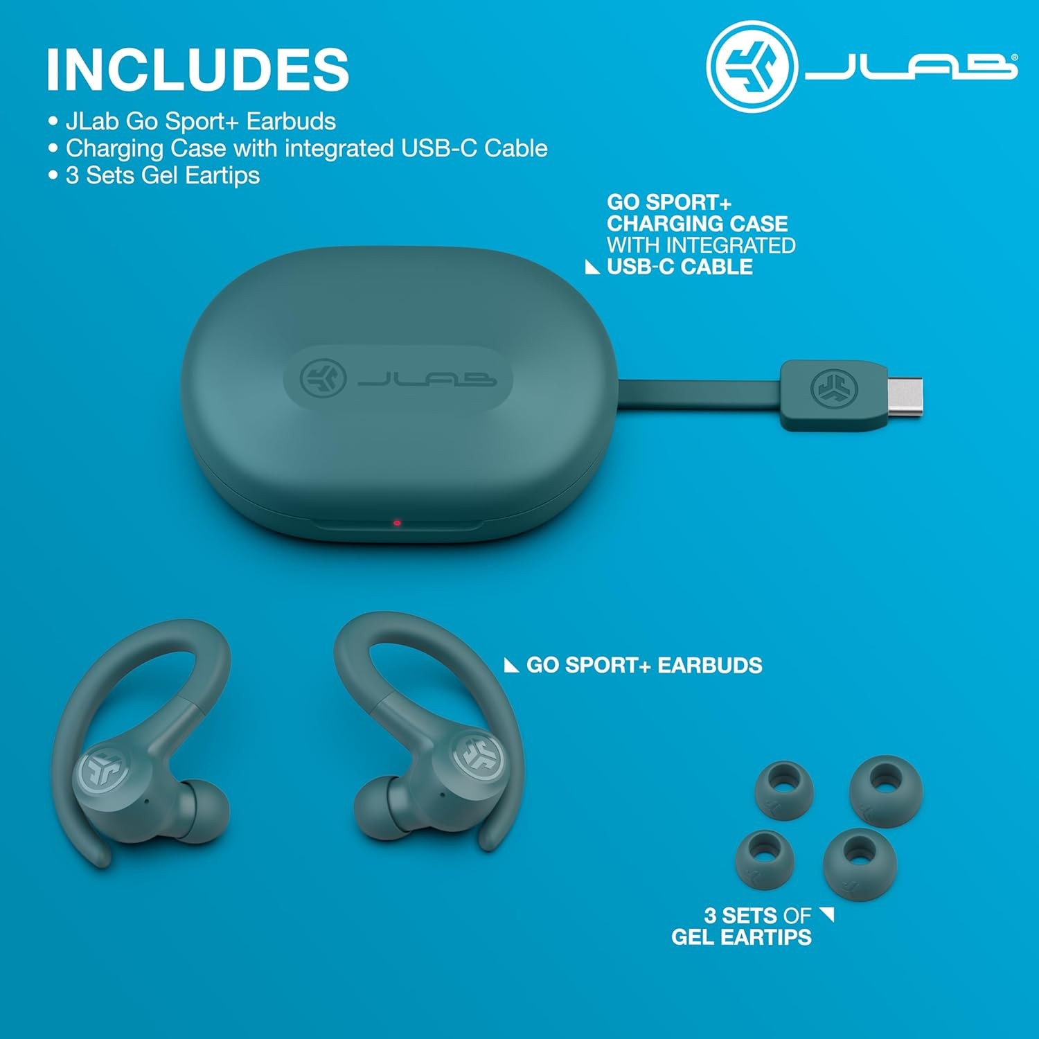 JLab Go Sport+ Wireless Earbuds Teal C3 Clear Calling