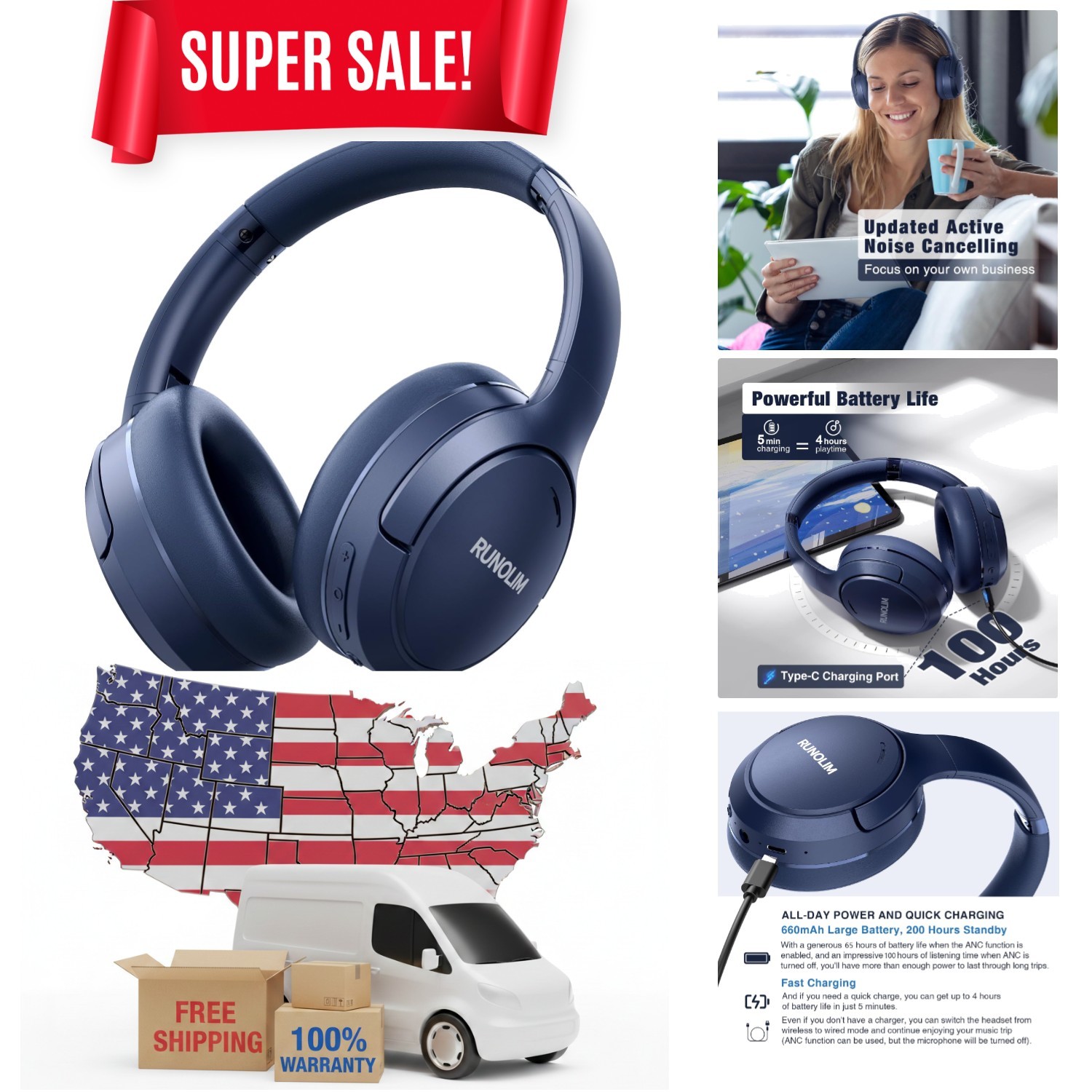 Hybrid Active Noise Cancelling Headphones with 100H Playtime, Bluetooth
