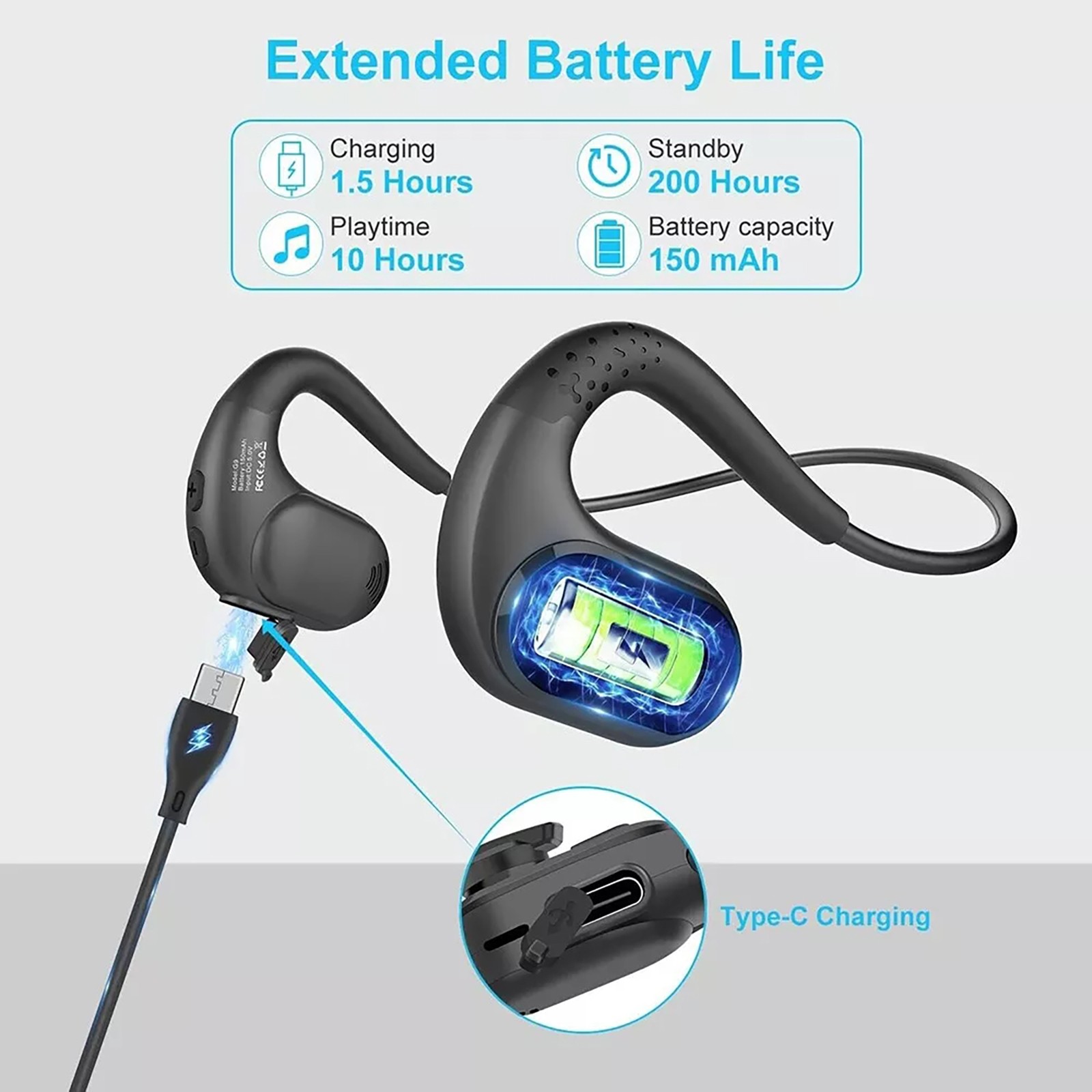 Bluetooth 5.3 Wireless Air Conduction G9 Open Ear Headphones Detachable Mic