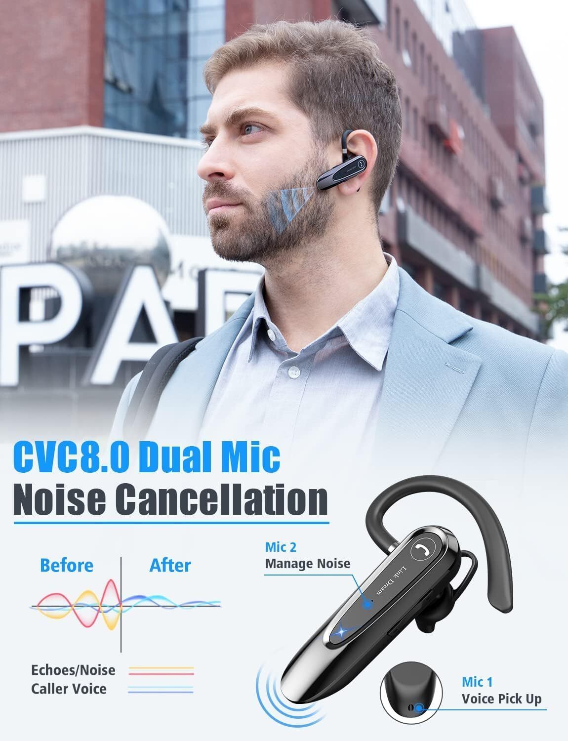 Bluetooth Earpiece Wireless CVC8.0 Headset for Cell Phone Dual Mic Noise Cance..