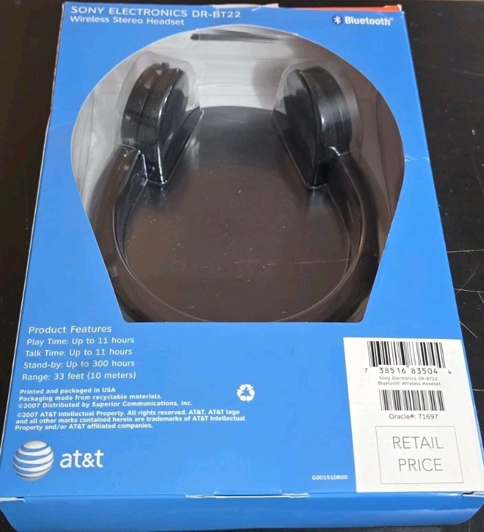 Sony Universal Bluetooth Electronics DR-BT22 Wireless Stereo Headset At&t New