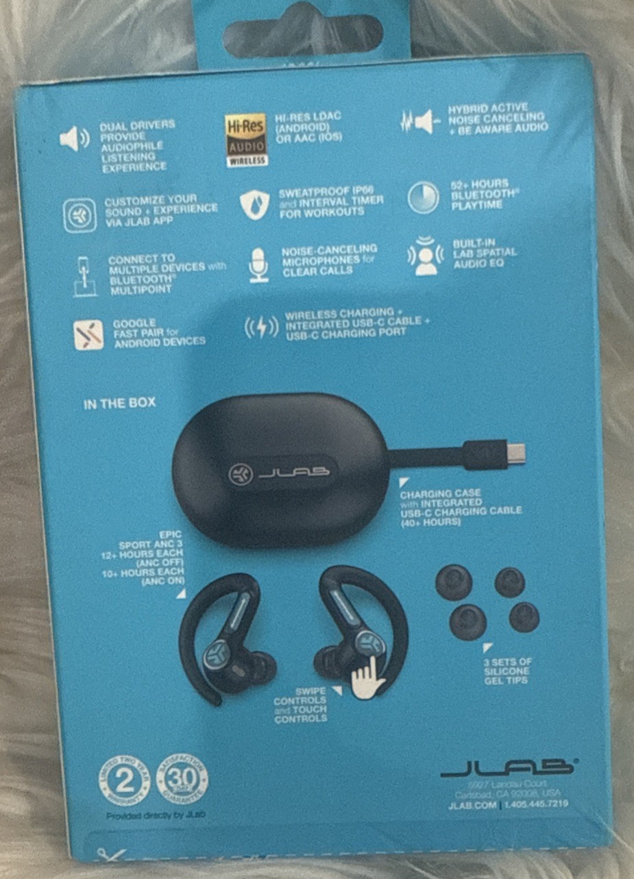 JLab, Epic Air Sport ANC 3, True Wireless Earbuds, Active Noise Cancelling- NEW!