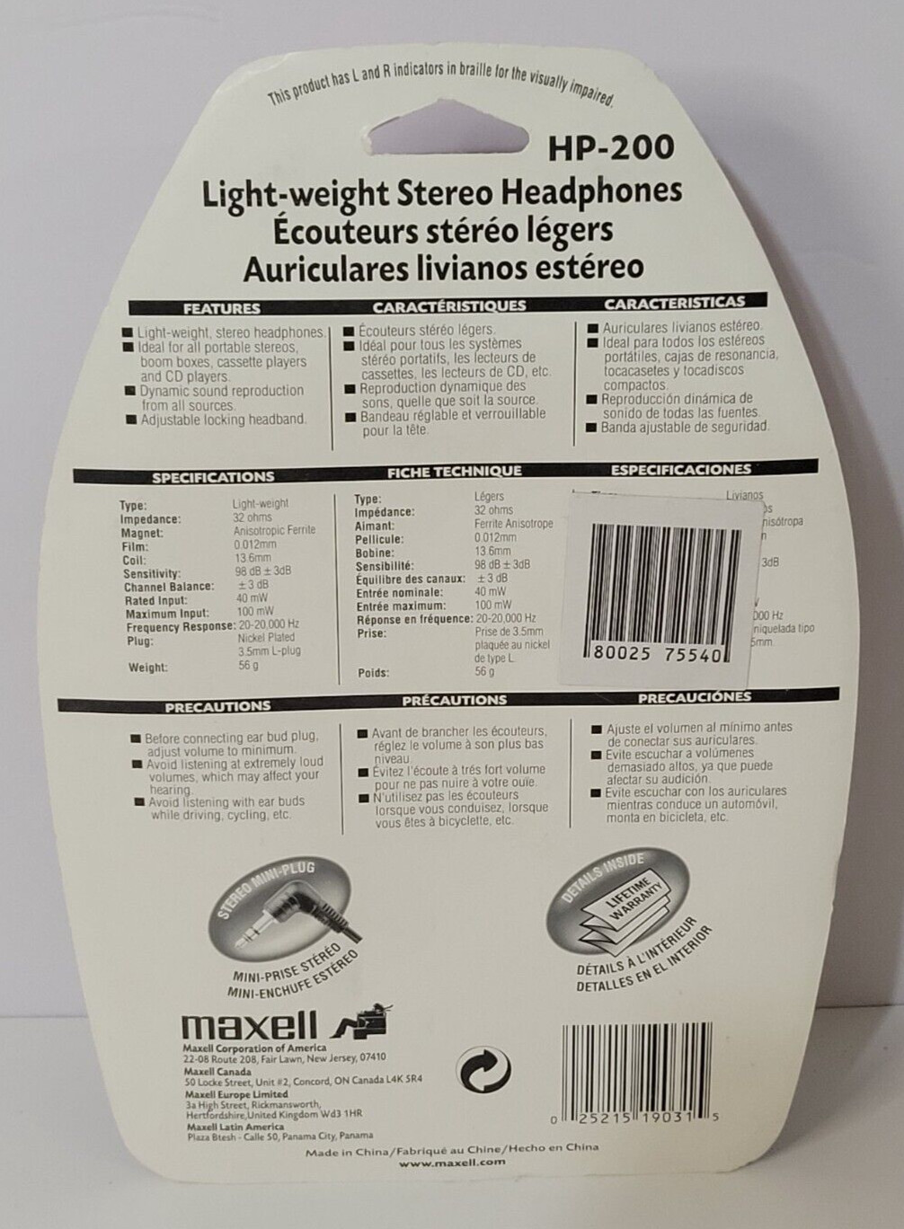 Maxell HP-200 Stereo Headphones Dynamic Performance Lightweight NEW SEALED Black