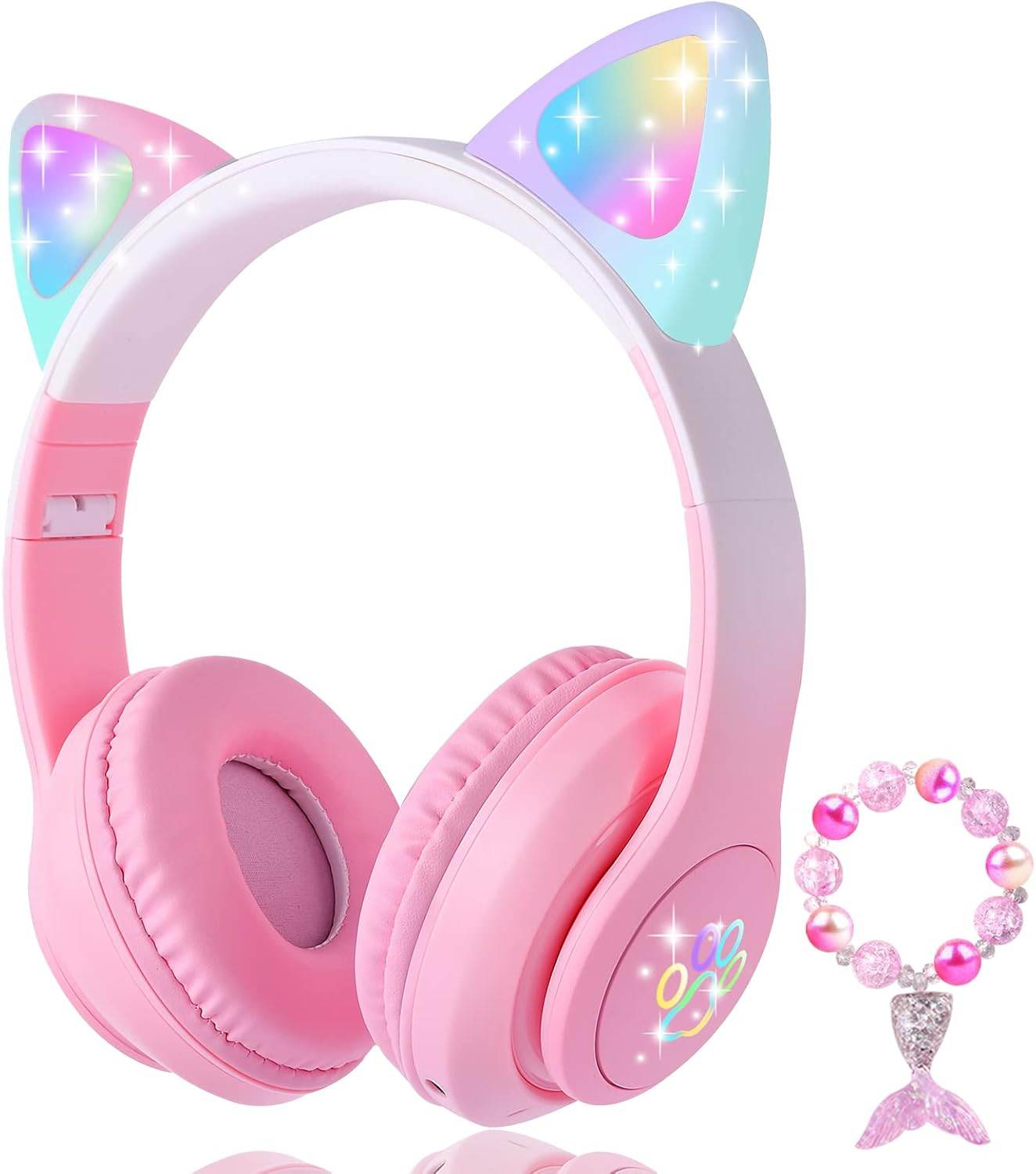 Cat Ear Kids Headphones Bluetooth, LED Light up Wireless/Wired Mode over Ear