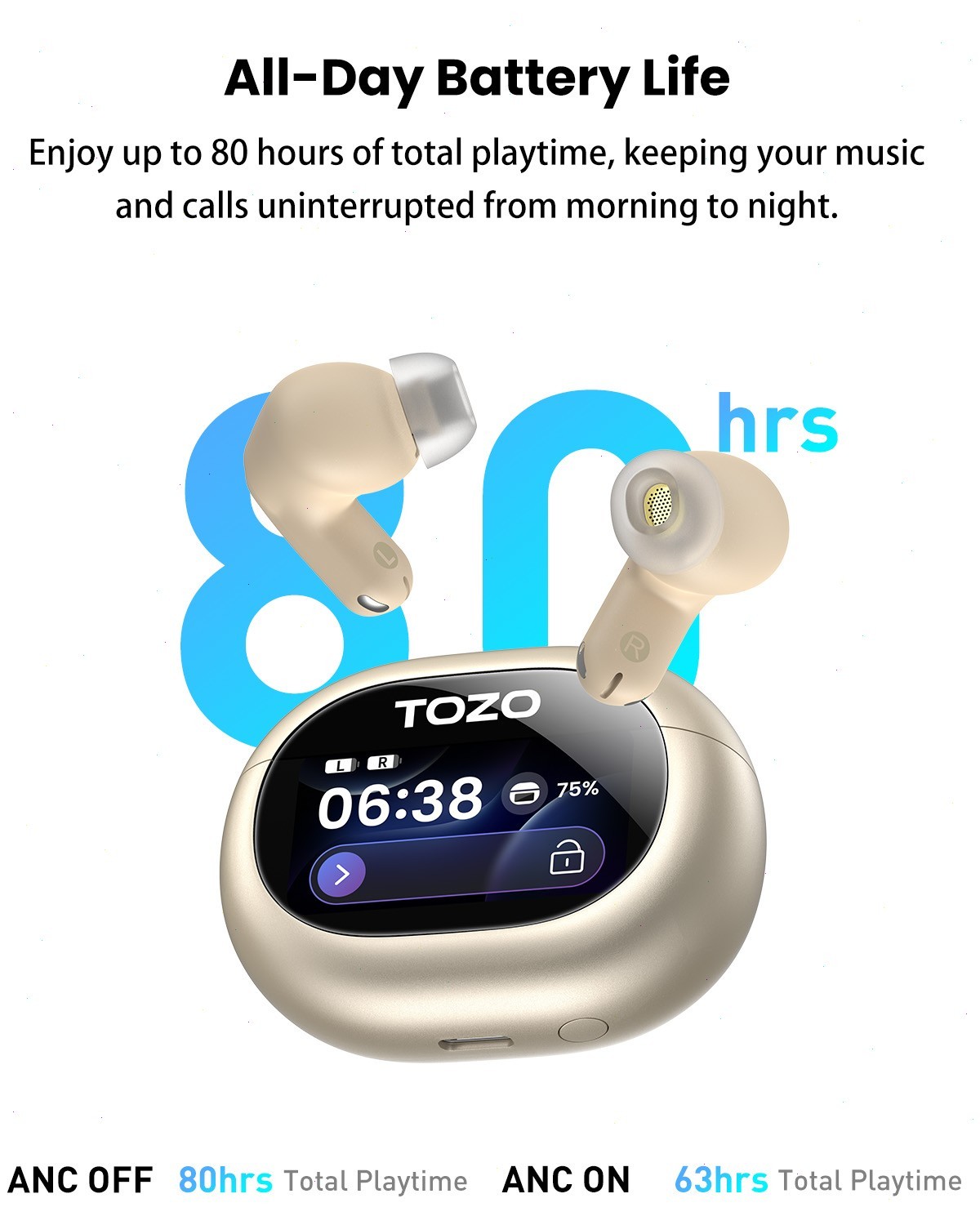 TOZO NC20 Pro Wireless Earbuds Bluetooth 5.4 Headphones Champagne