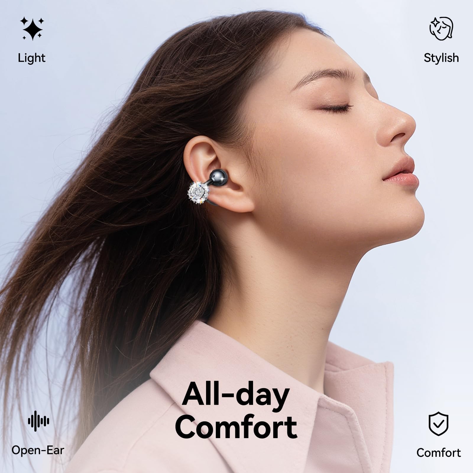Jewelry-Inspired Clip-On Earbuds with Diamond Earrings, Comfortable Fit & 40H…