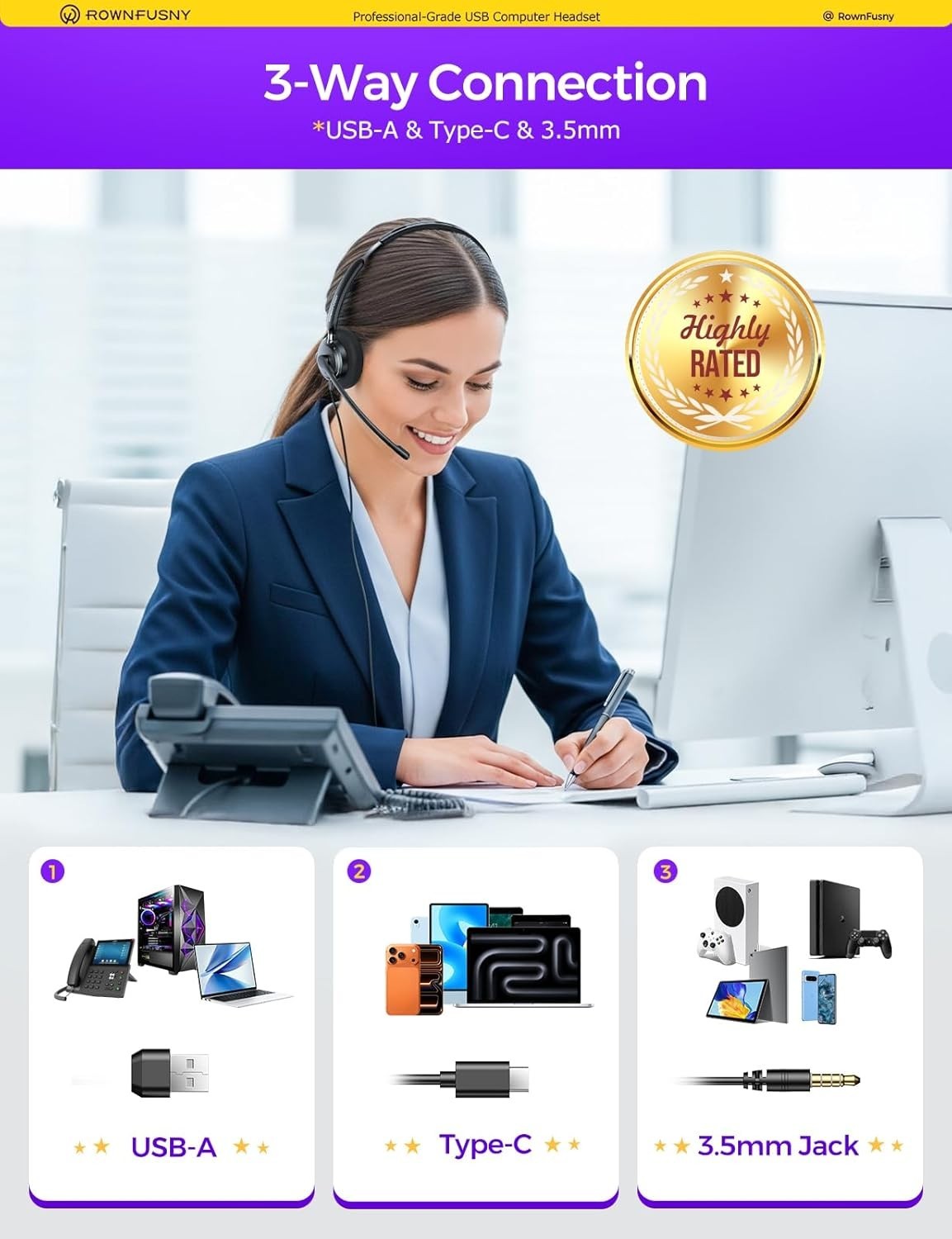 USB Headset with Microphone for PC Laptop Adjustable Noise Cancelling Wired