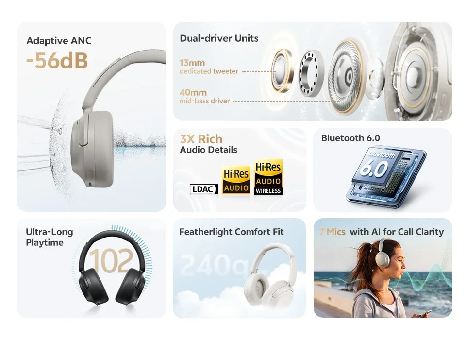 QCY H3S ANC Bluetooth 6.0 Headphones Hi-Res LDAC 102H Wireless Headset