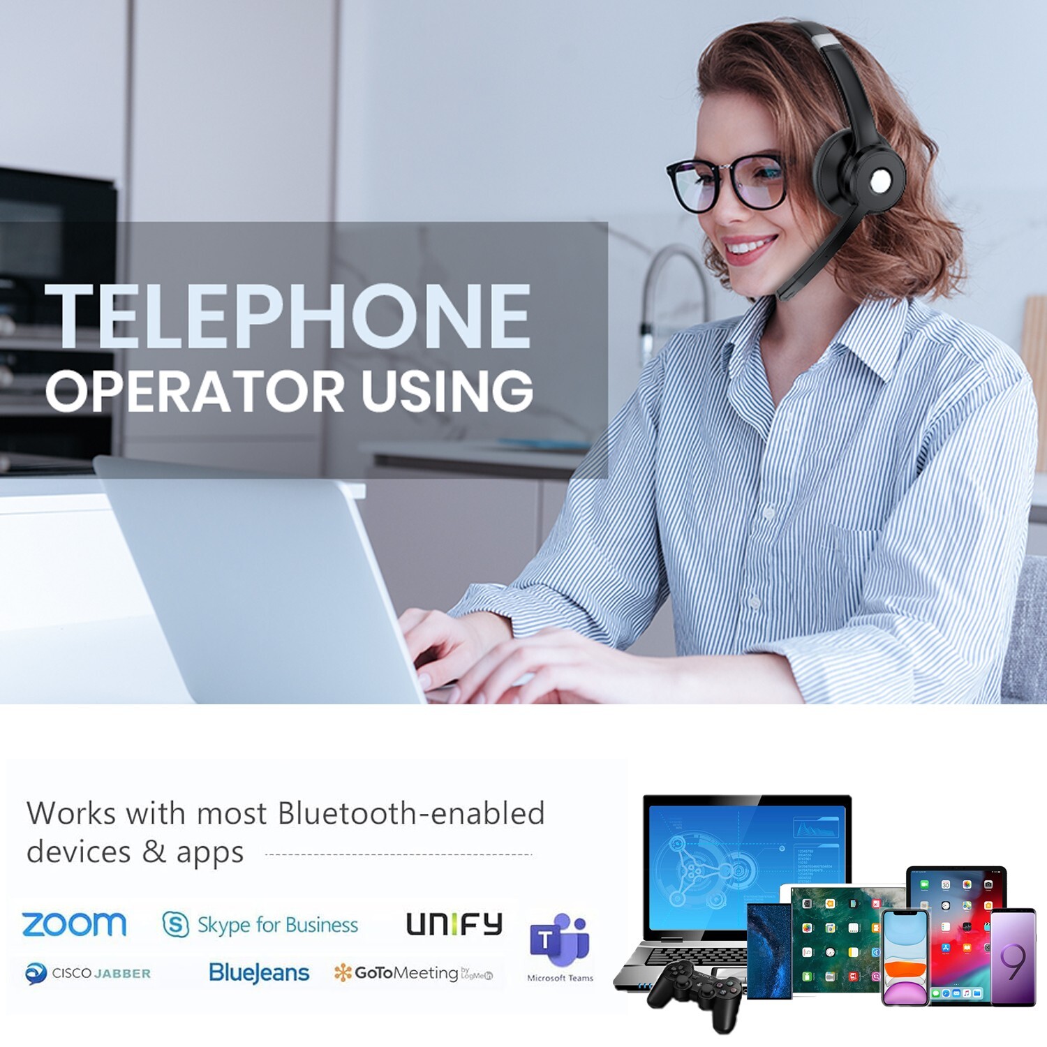 Wireless Bluetooth Headset w/ Mic Noise Cancellation For Phones PC Skype Meeting