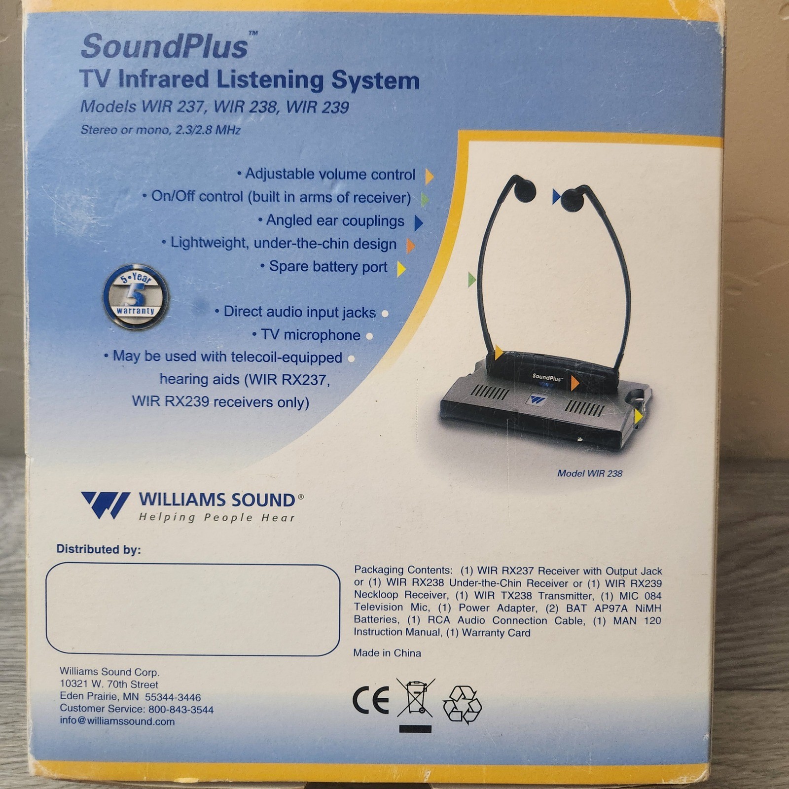 Williams Sound SoundPlus TV Infrared Listening System WIR 238 Under-the-Chin Set
