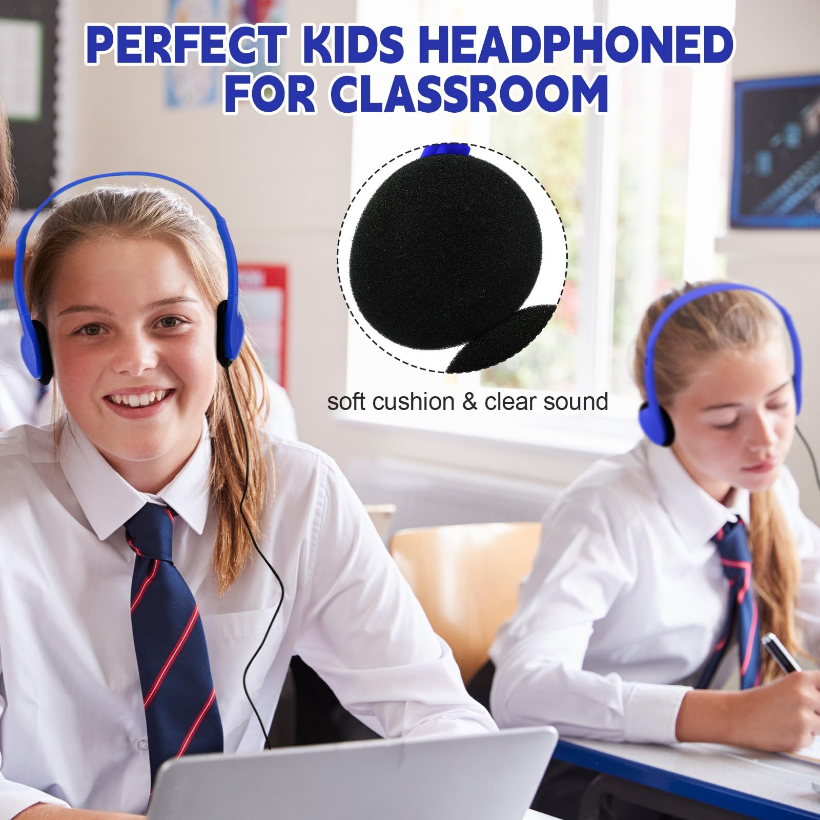 10 Pack Classroom Kids Wired Headphones Bulk Set 3.5mm Jack Dark Blue Adults