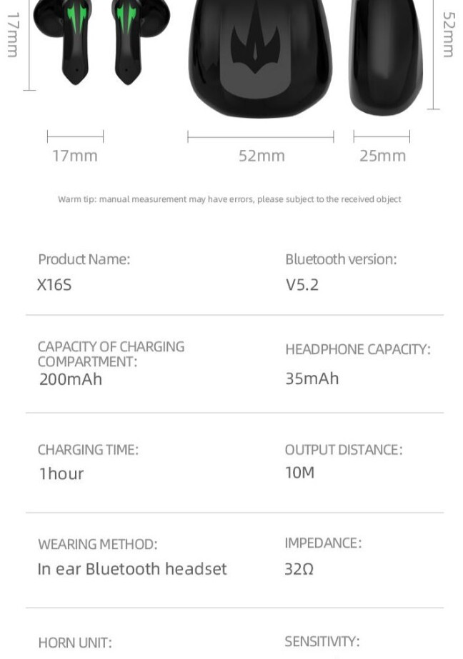 TWS Gaming & Music Earbuds BT 5.2/X16S Waterproof/Wireless Charging/Yellow