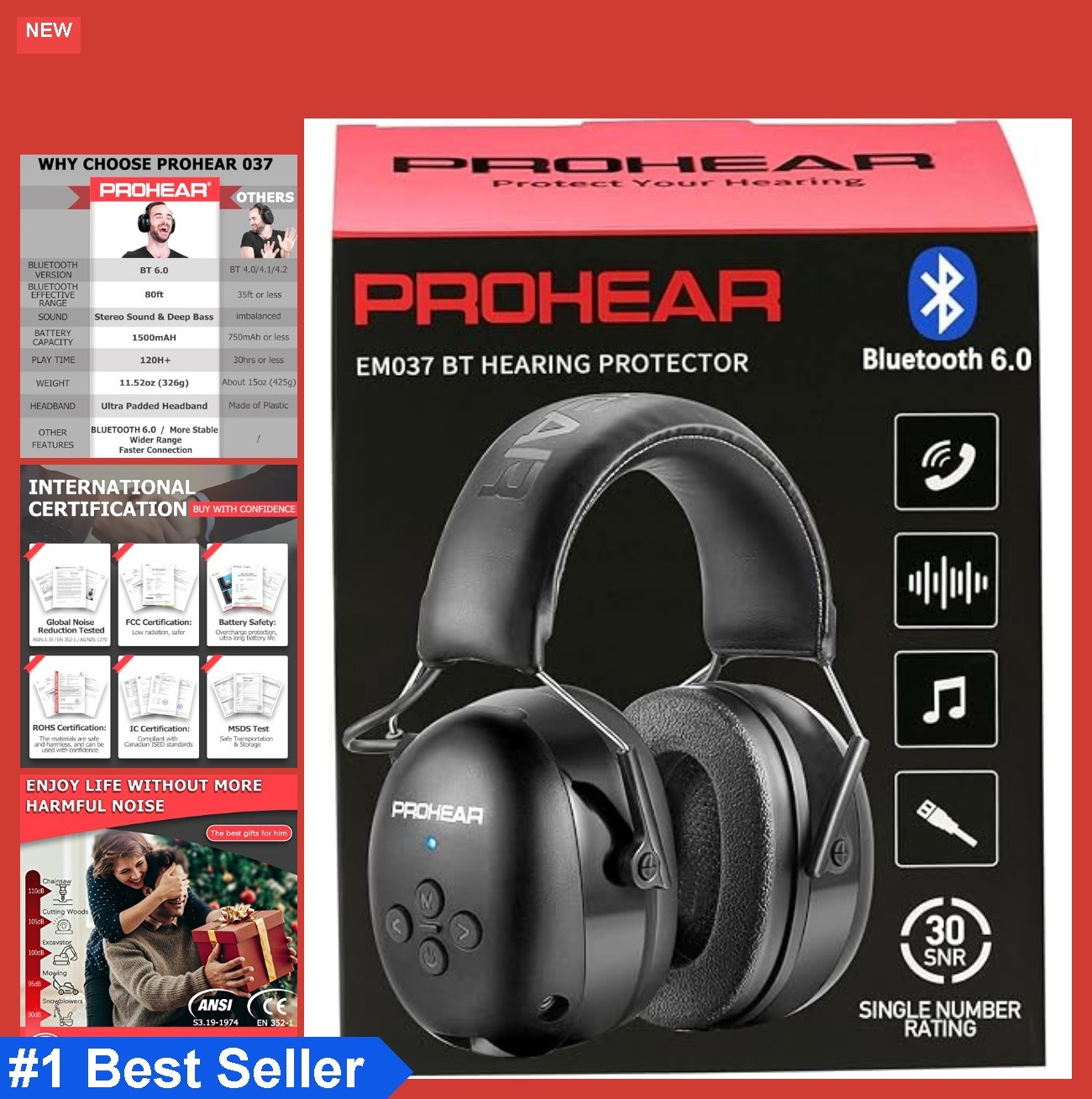 Bluetooth Hearing Protection Headphones 30dB SNR Rechargeable 1500mAh Battery