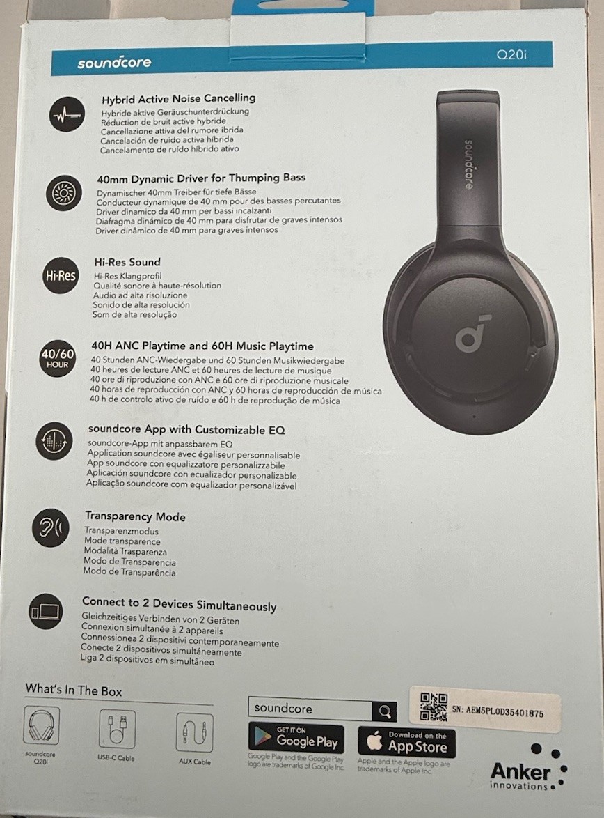Soundcore Q20i Hybrid Active Noise Cancelling Headphones, Black – With Box