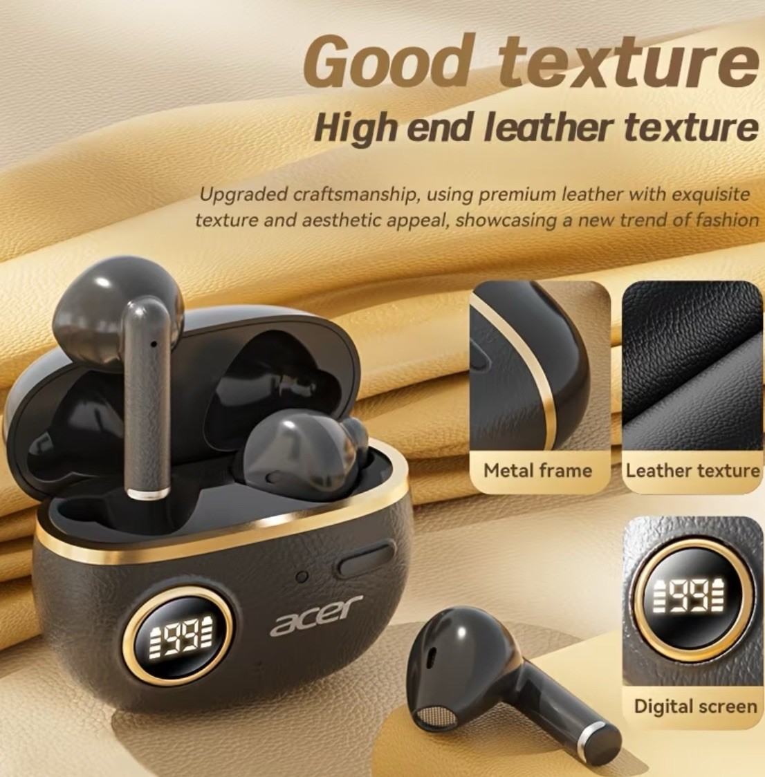Acer Wireless Bluetooth Earbuds LED Display Noise Reduction Black Gold