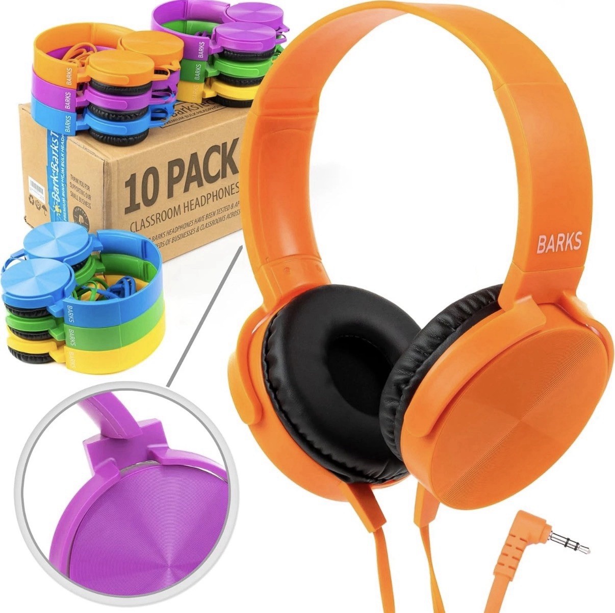 Barks Classroom Headphones (10 Pack, Mixed Colors) On Ear Premium Student Bulk