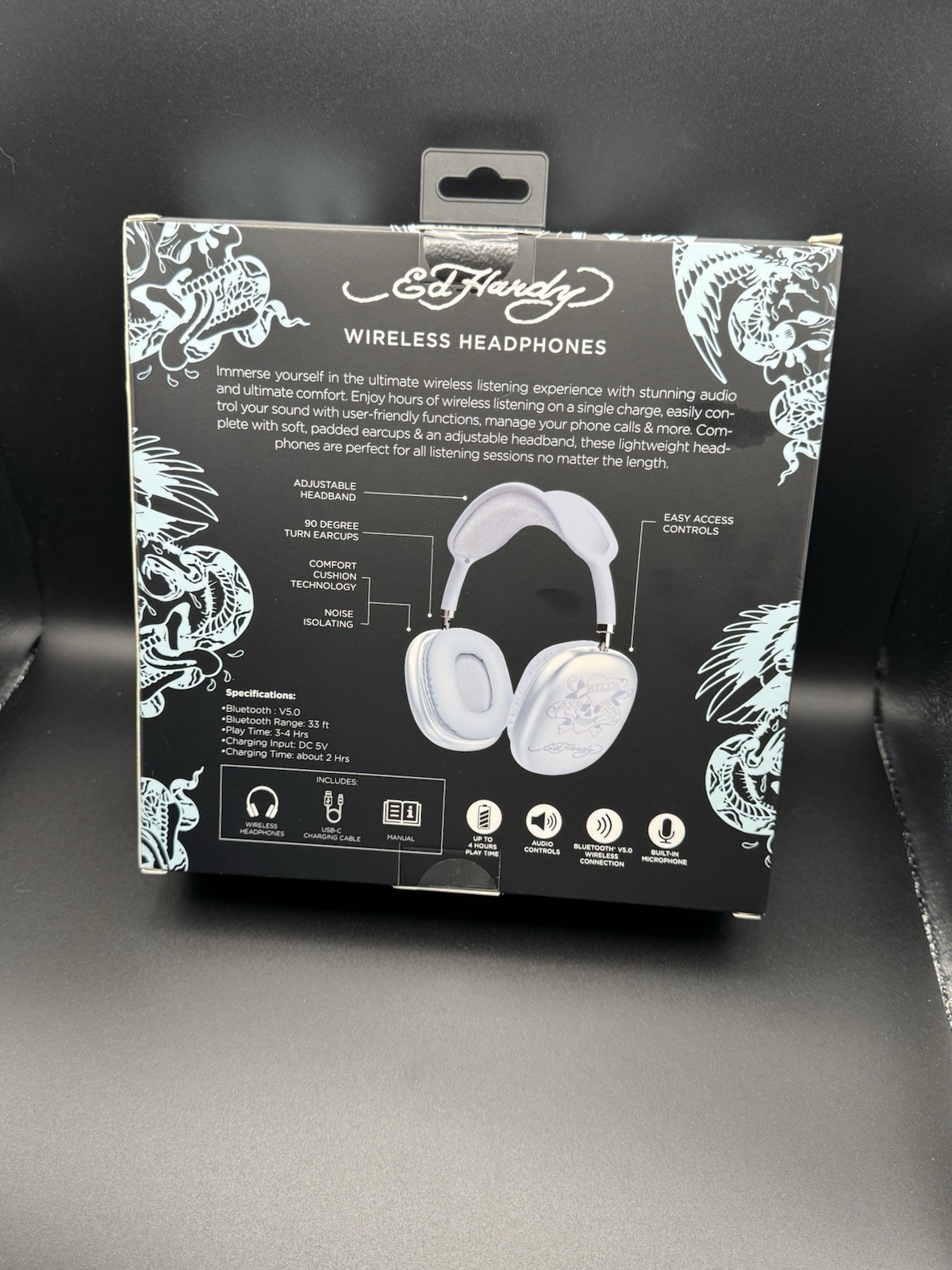 Ed Hardy V5.0 Wireless Bluetooth Over-Ear Headphones w/ Mic, White/Black