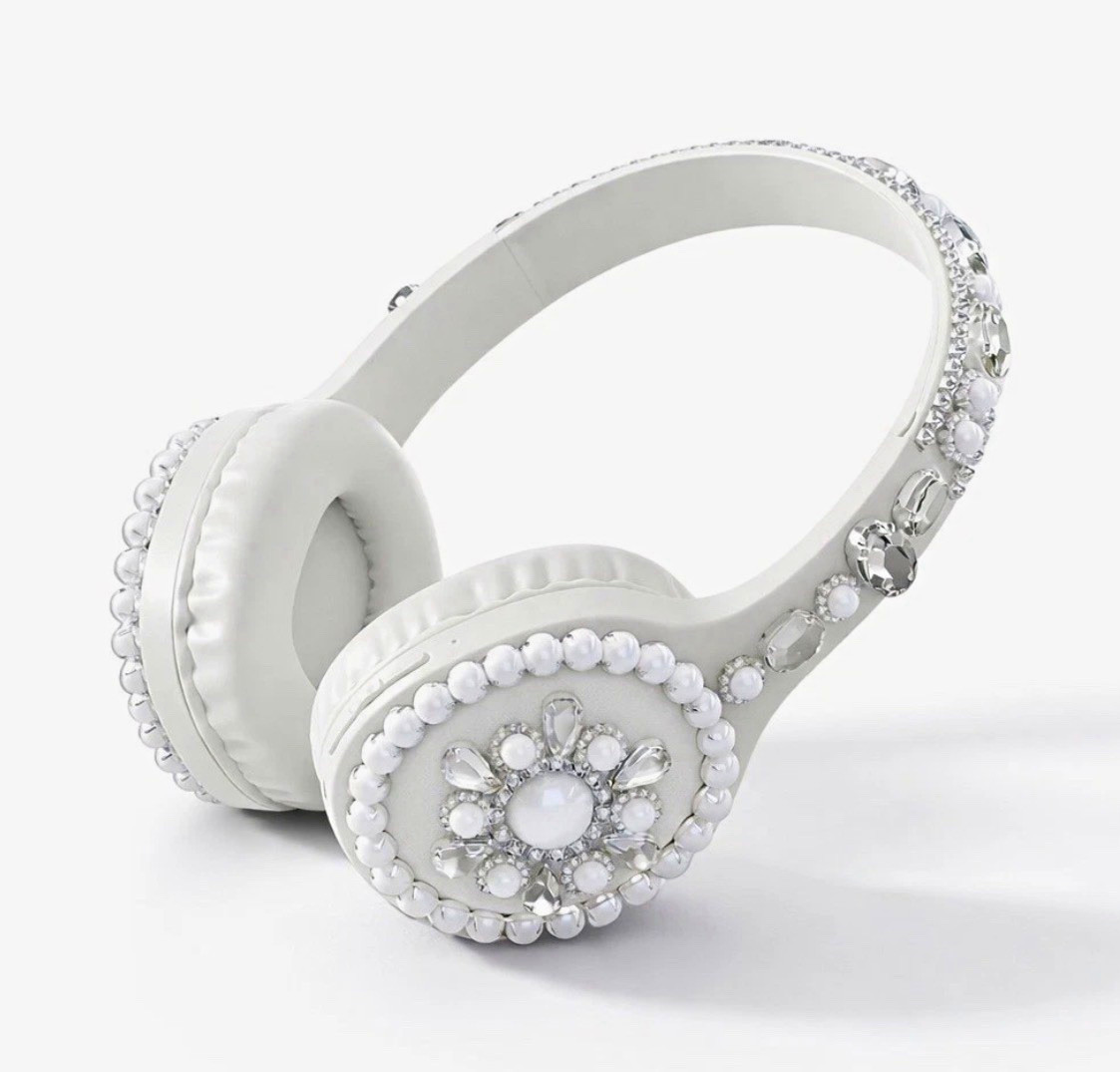 heyday Bluetooth Over-Ear Headphones White/Silver Pearls Rhinestones