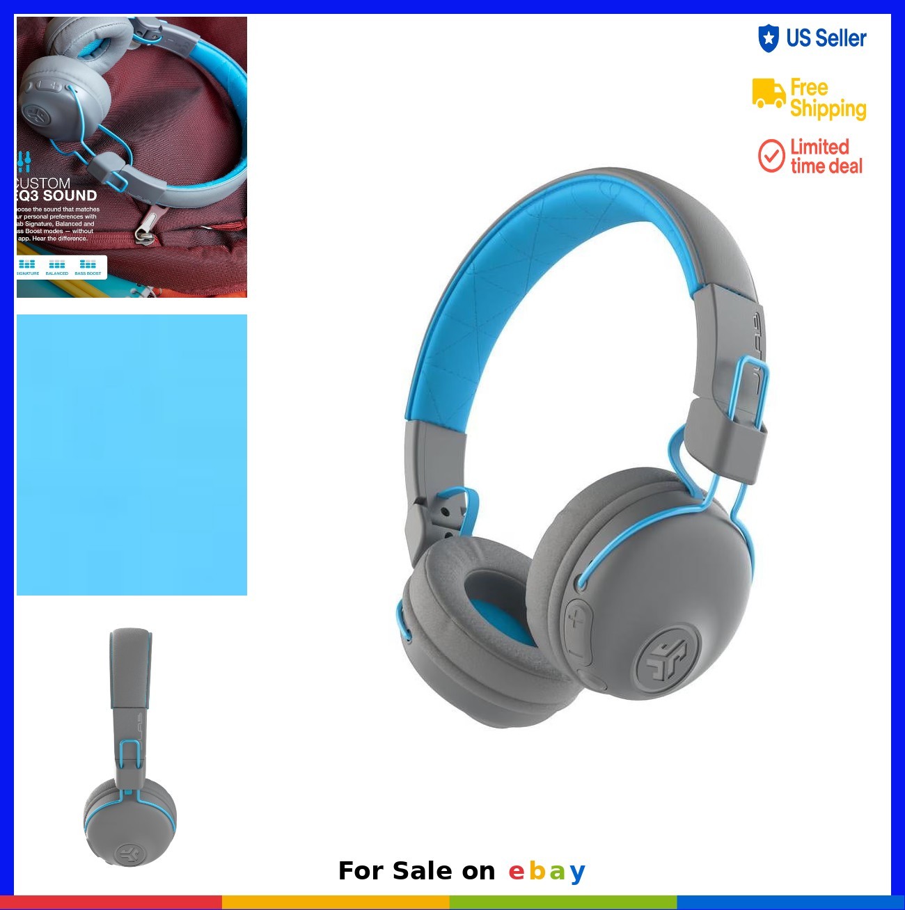 On Ear Headphones Bluetooth 30 Hour Playtime Touch Controls Wireless Gray Blue