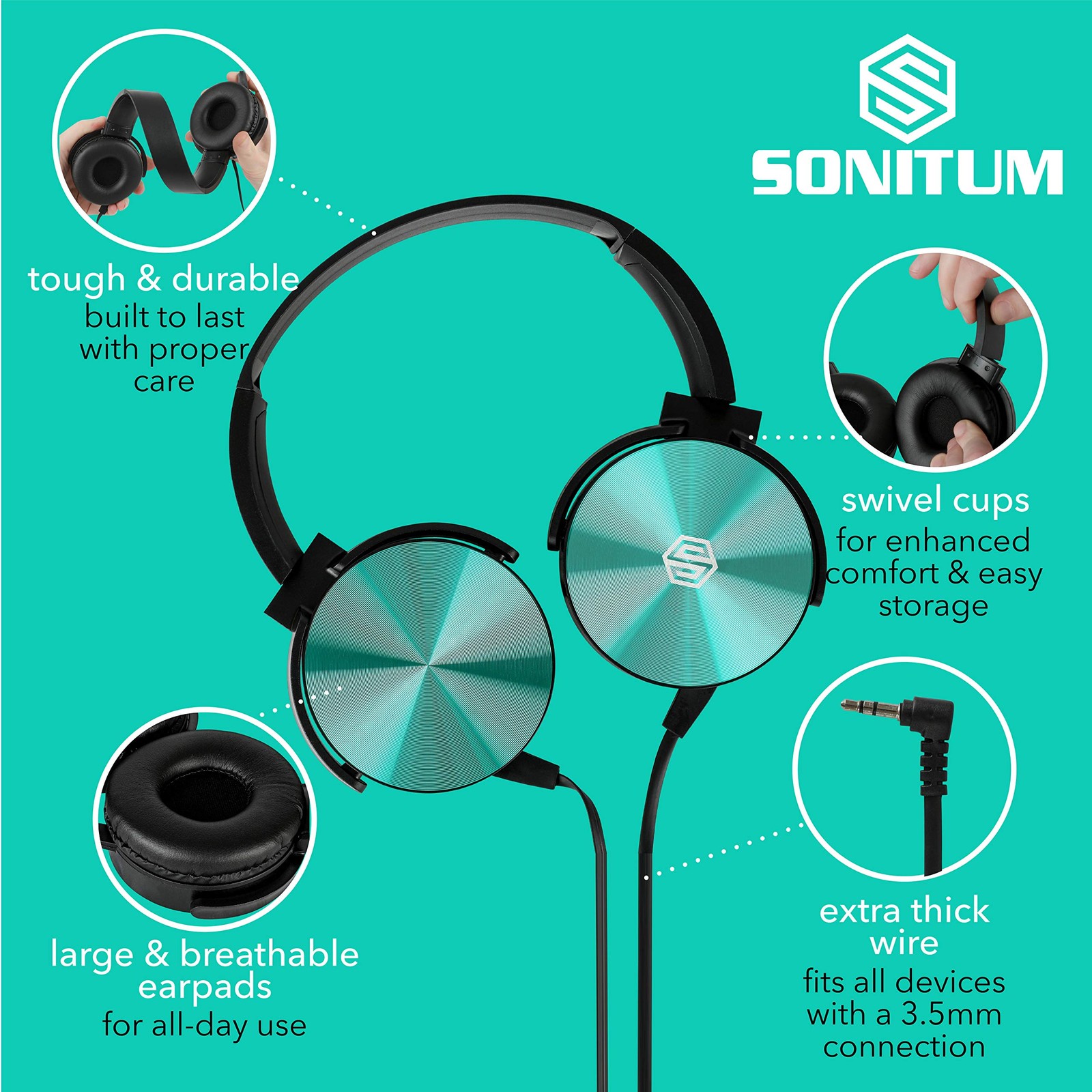 Sonitum Classroom Headphones 10-Pack, On Ear, 3.5mm Jack, HQ Stereo Sound