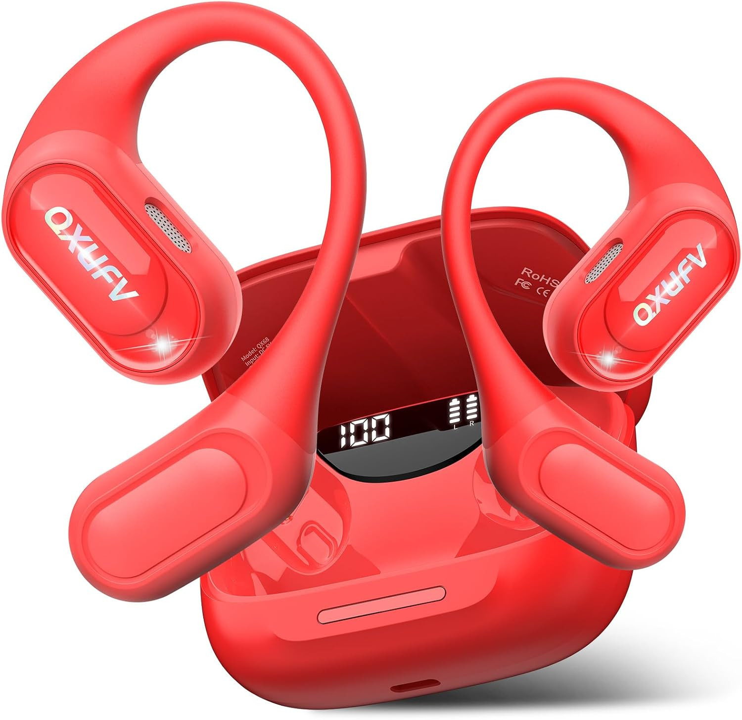 Open Ear Headphones, Bluetooth Wireless Earbuds, Red | Hifi Stereo Open Ear Buds