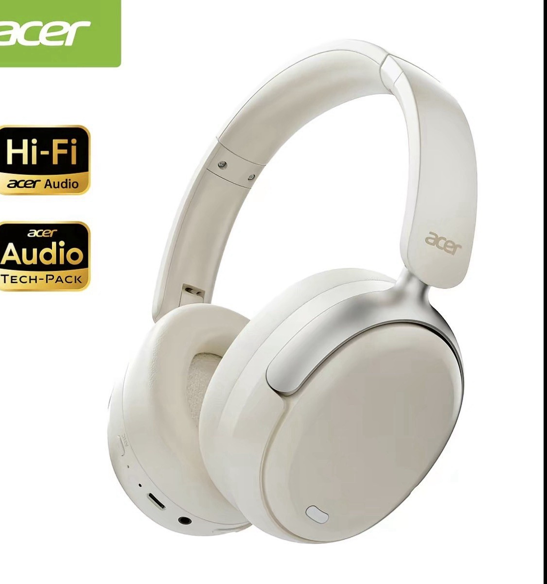 Acer White Over-Ear Bluetooth Headphones w/ ANC, 40mm Drivers, Built-In Mic