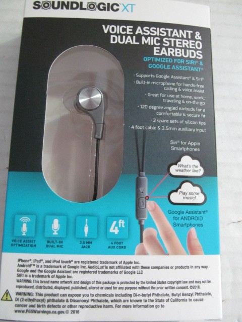 SoundlogicXT Voice Assistant & Dual Mic Stereo Earbuds, Choose Gray or Blue