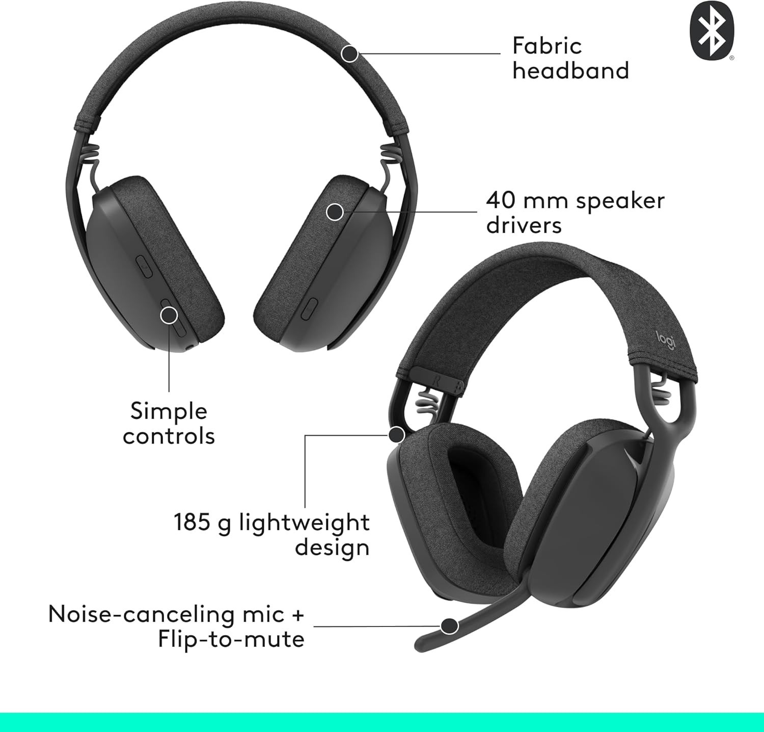 Logitech Zone Vibe 100 Lightweight Wireless Over Ear Headphones Mac/PC Graphite