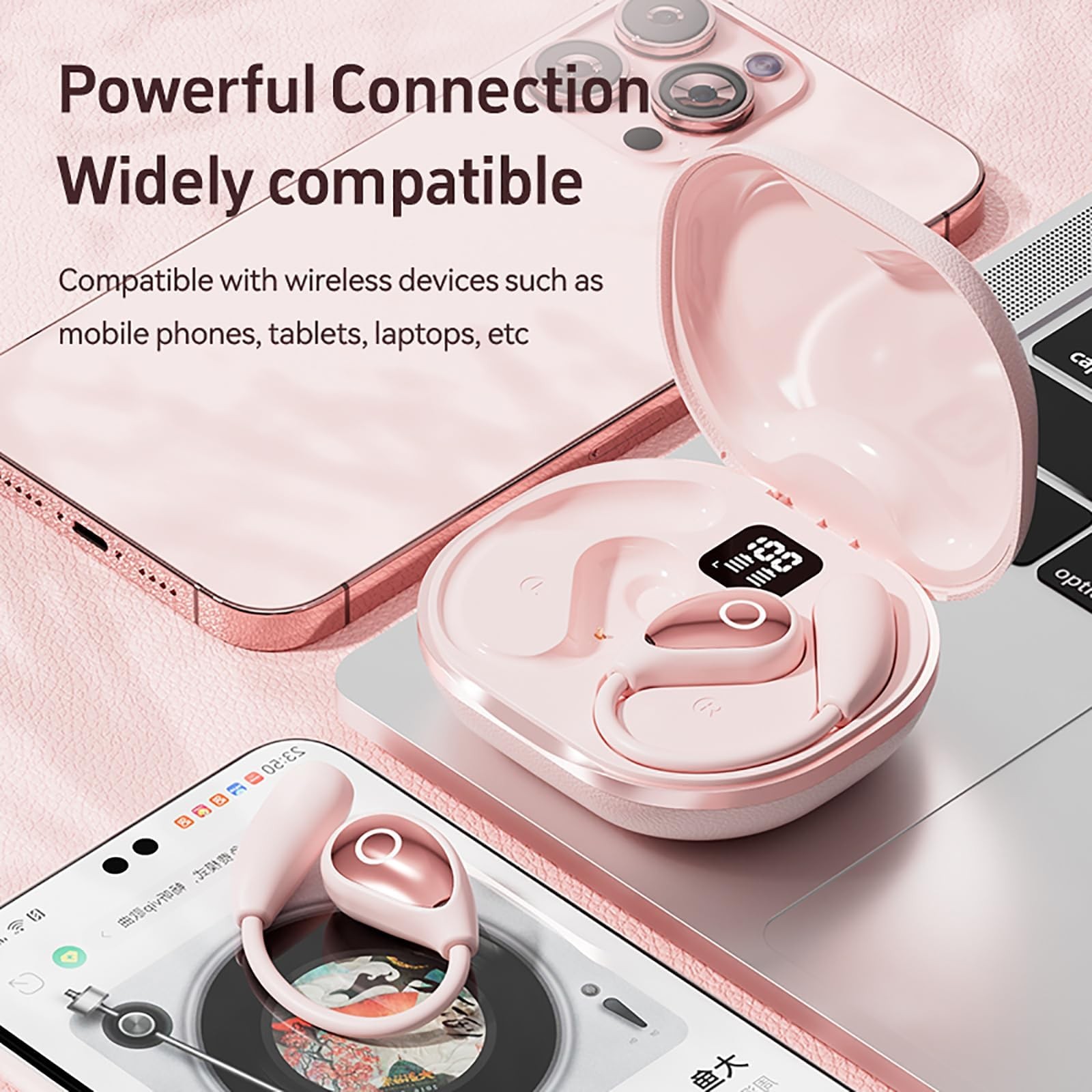 QJF Open Ear Earbuds Pink for Women, Bluetooth 5.4 Wireless Headphones