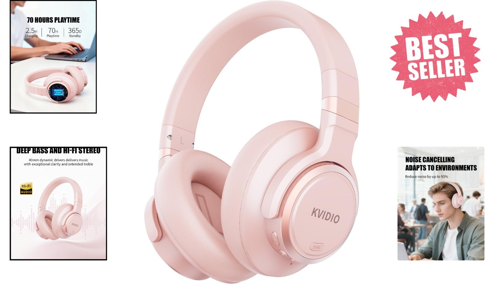 Lightweight Active Noise Cancelling Headphones with Transparency Mode – Pink