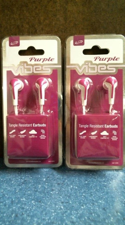 ILive Vibes, Tangle Resistant Earbuds, Purple, Lot of 2, FREE SHIPPING