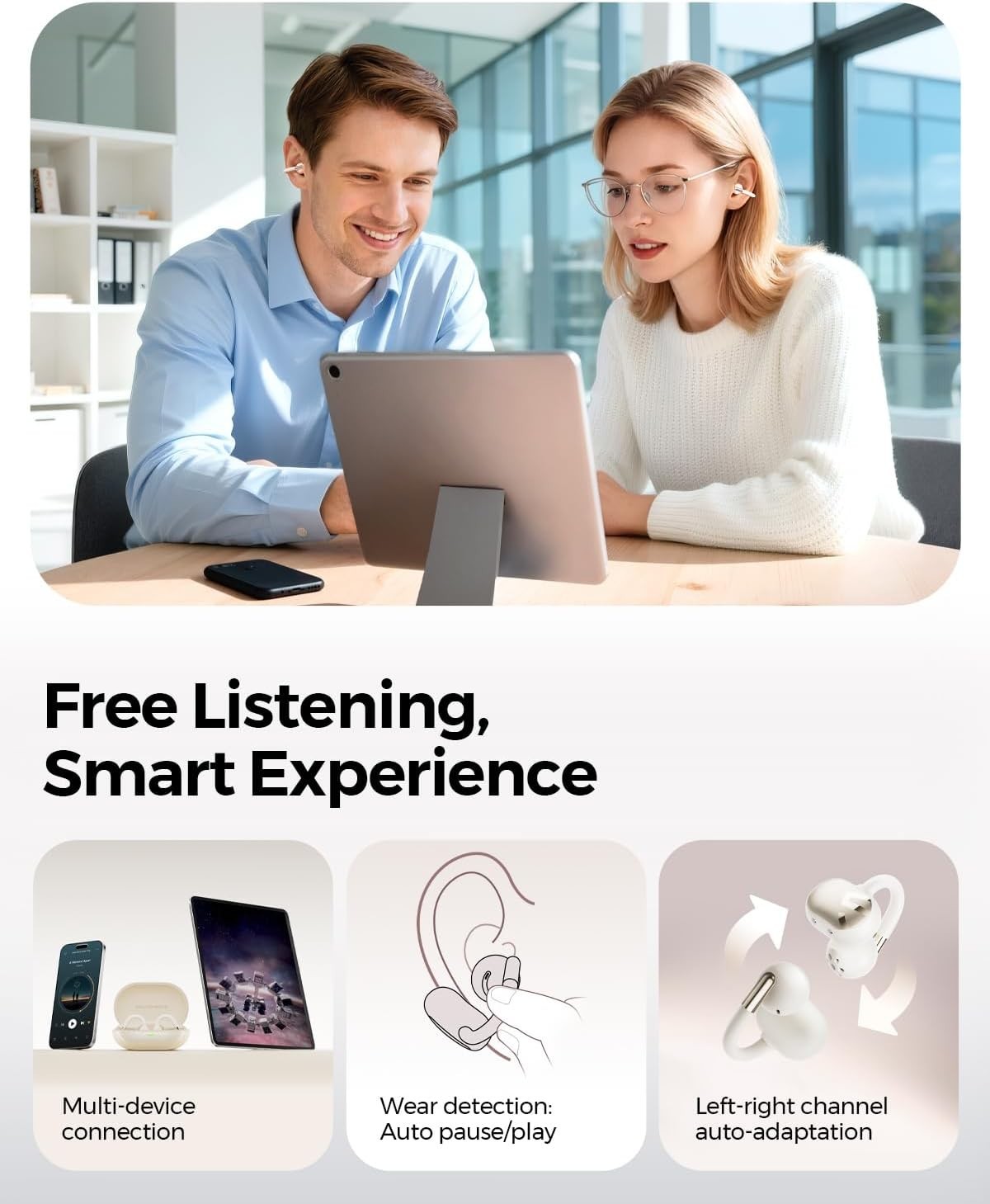 🎧 SOUNDPEATS Clip1 Open‑Ear Earbuds Dolby Audio LDAC 40H BT5.4 – White/Beige