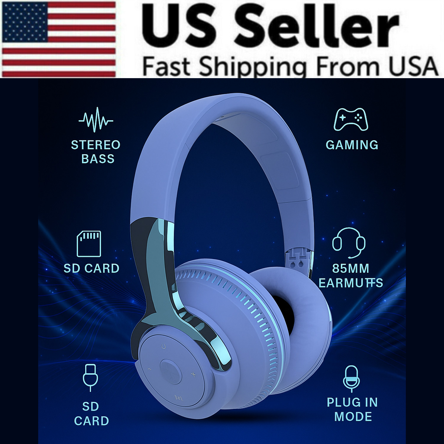Wireless Bluetooth 5.1 Headphones Over Ear LED Headset Stereo Noise Cancelling
