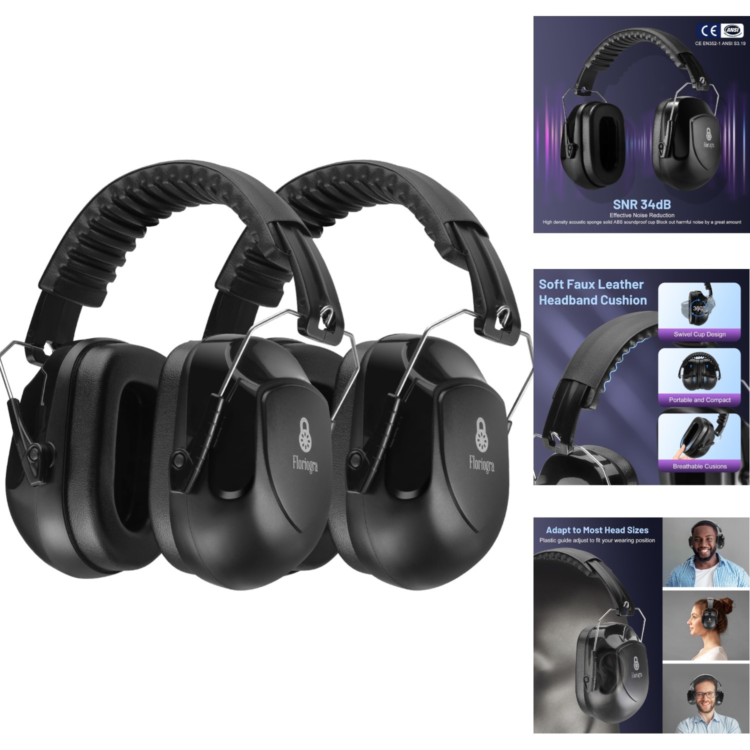 2 Pack 34dB Noise Canceling Earmuffs Hearing Protection Shooting Mowing Work PPE
