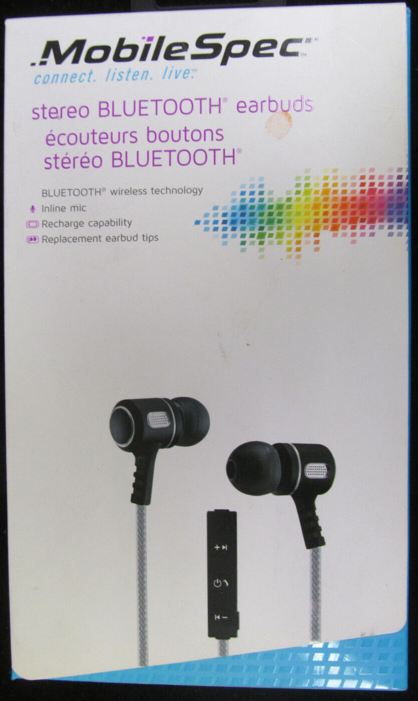 NEW MOBILE SPEC MBS11123 BLACK SILVER STEREO BLUETOOTH EARBUDS wCASE FREESHIP